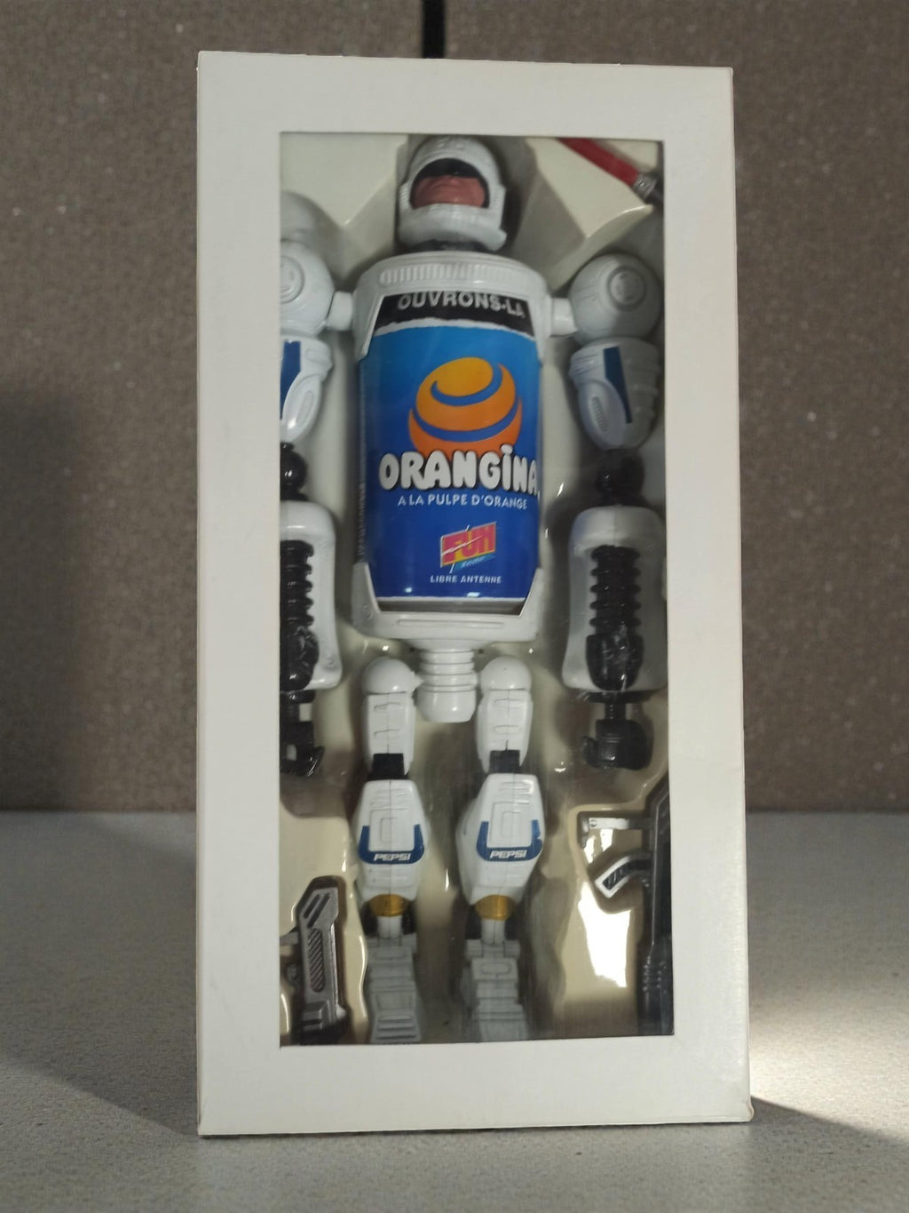 Figurine robot Orangina Pepsi vintage boîte, robot can publicitaire années 90