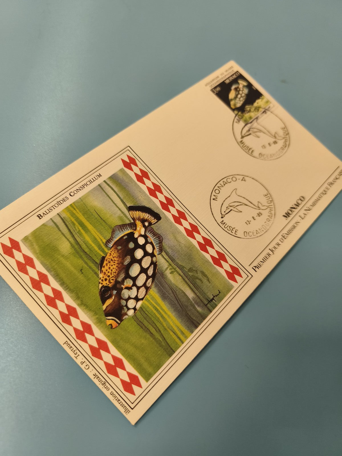 Enveloppe FDC Monaco timbre Balistoides Conspicillum illustration poisson mer
