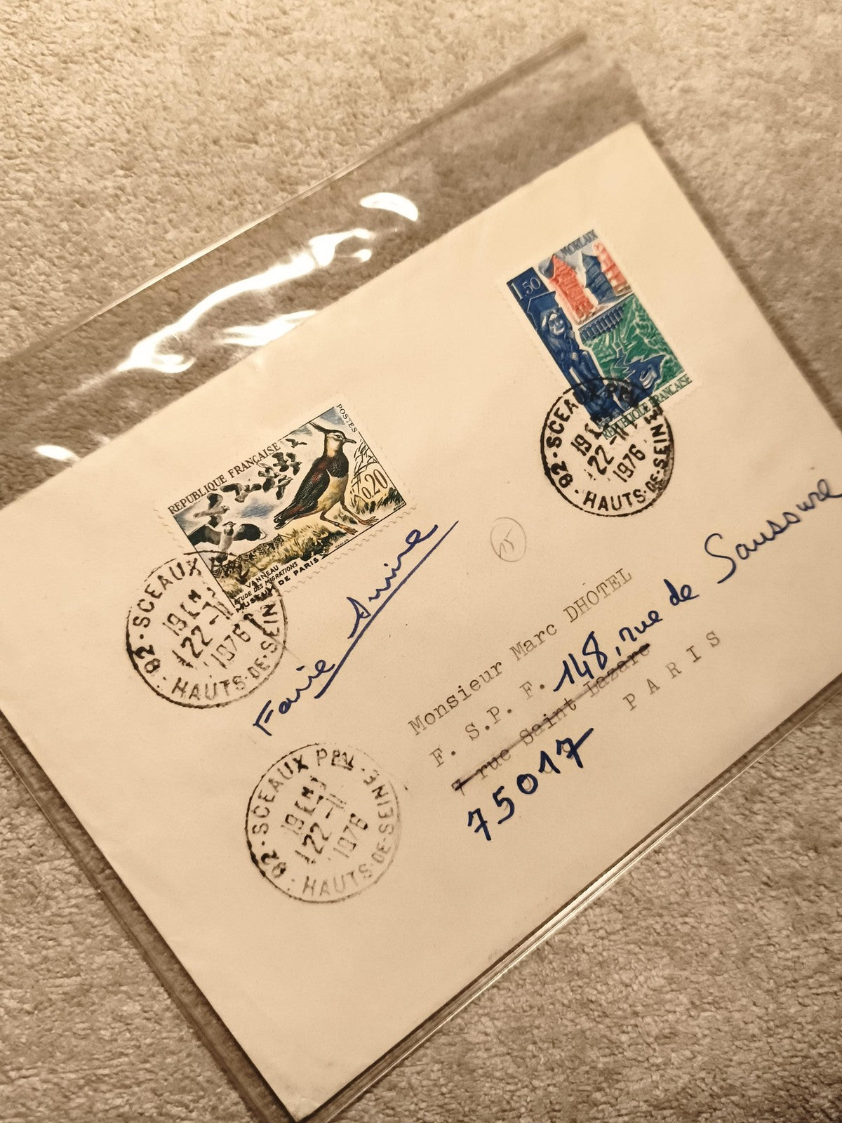 Lettre affranchie timbres France oiseaux et monuments Sceaux 1976 philatélie (Re