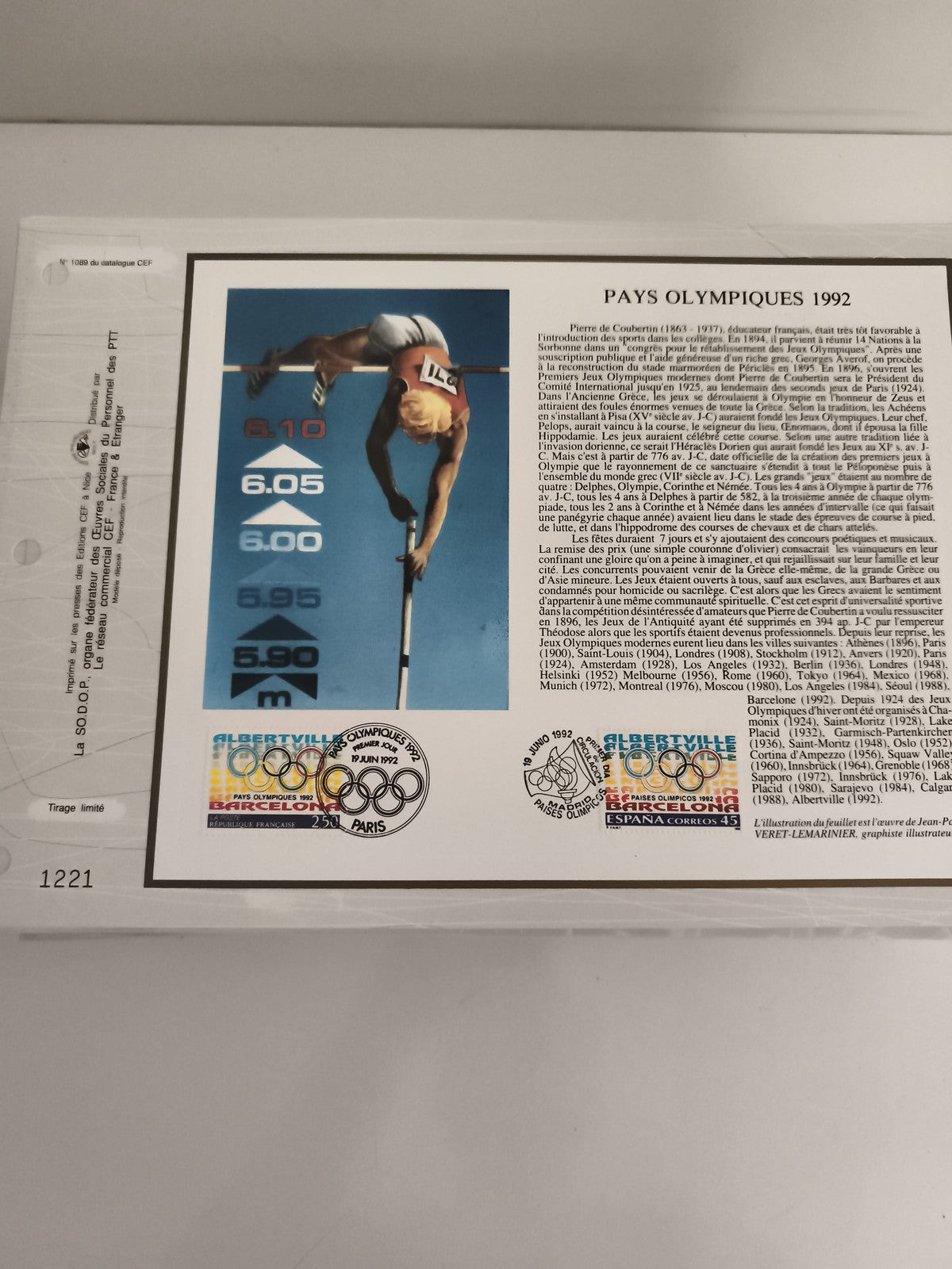 Feuillet CEF Pays Olympiques 1992 saut à la perche timbre Albertville Barcelone