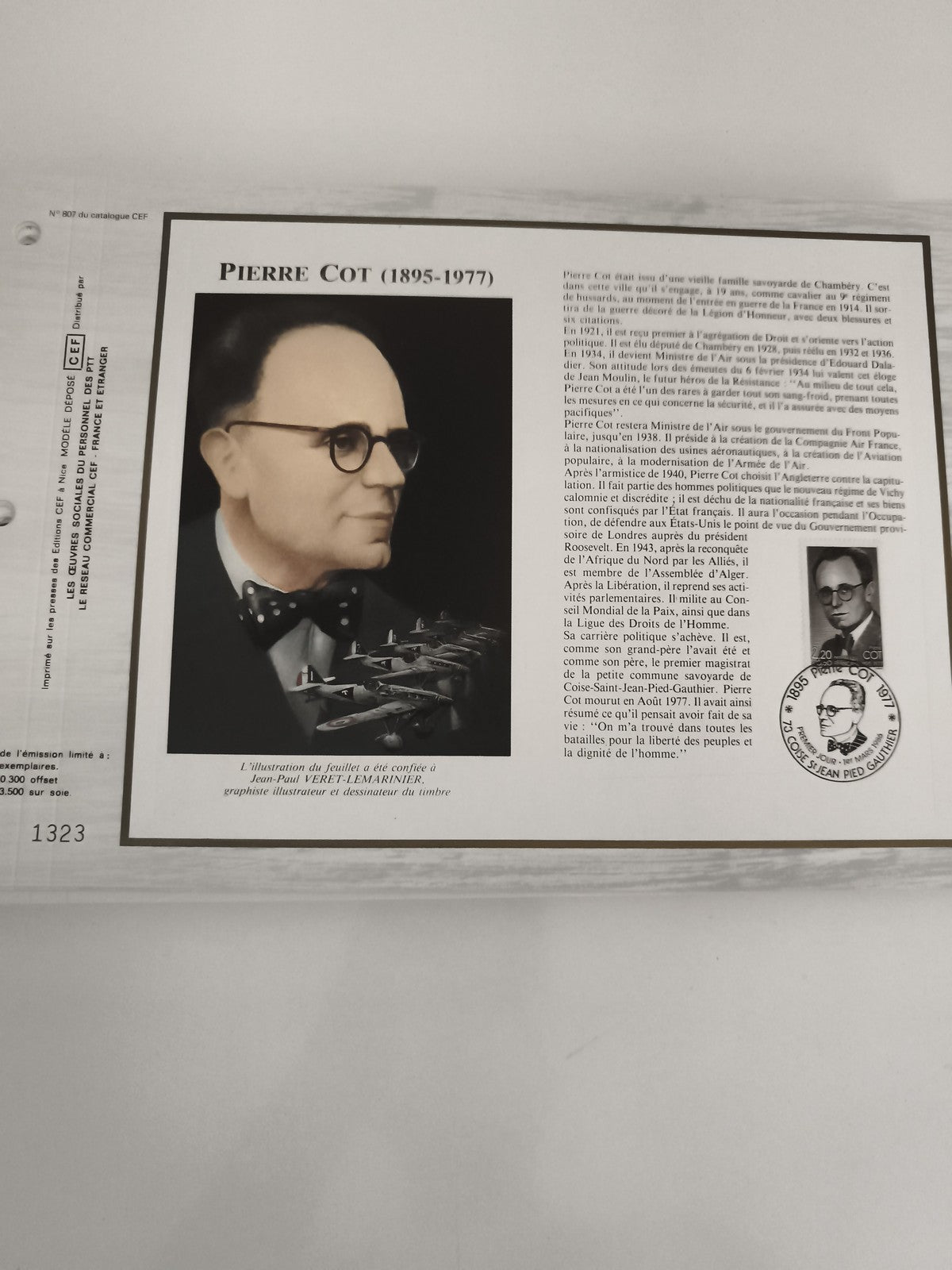 Feuillet CEF Pierre Cot 1895-1977 philatélie portrait aviation