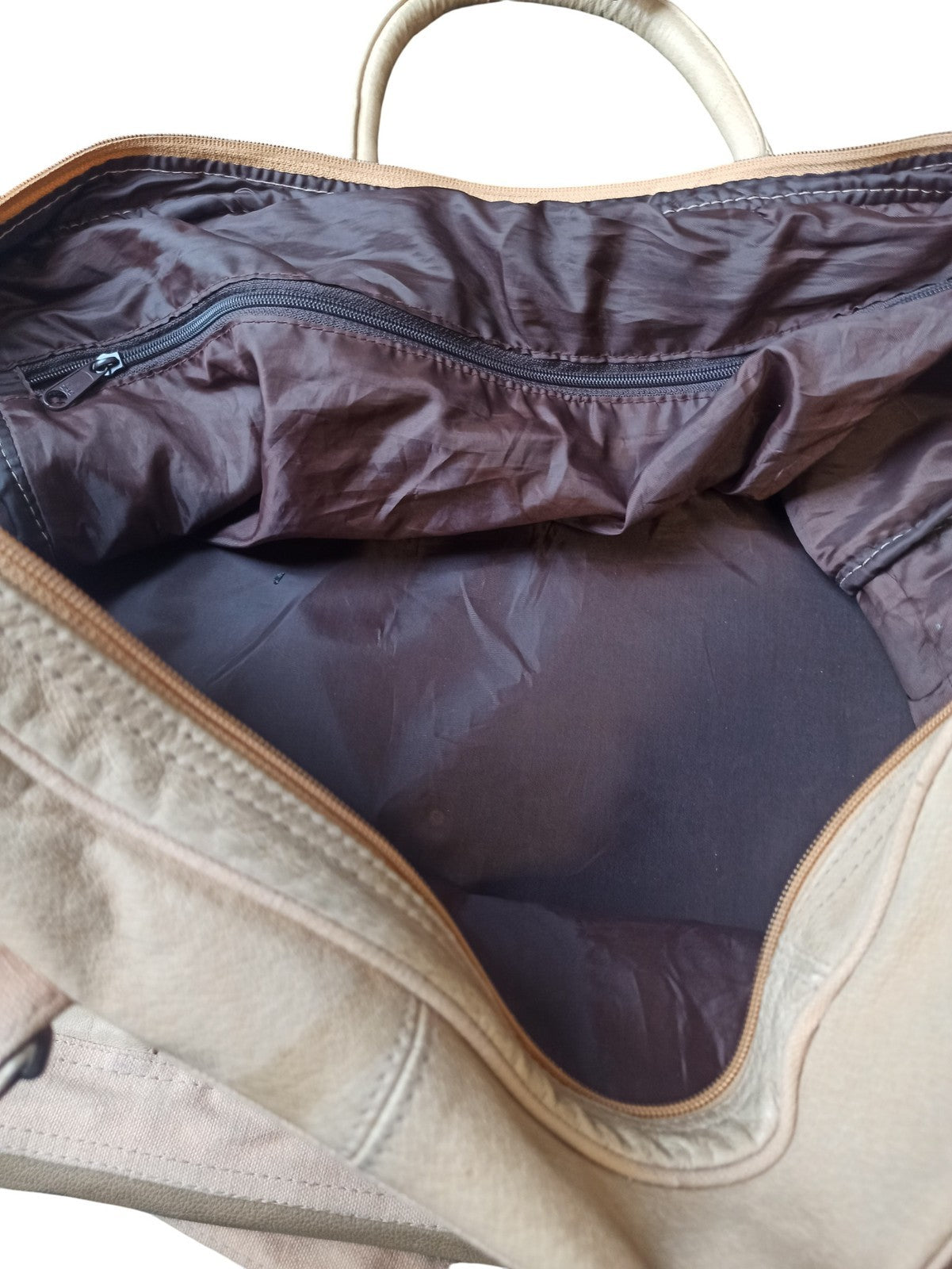 Sac de voyage vintage cuir beige ancien, grand format, multi-poches