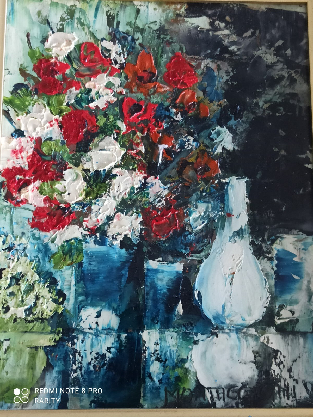 Tableau ancien signé Montaggioni fleurs nature morte cadre doré 32x28 cm peintur