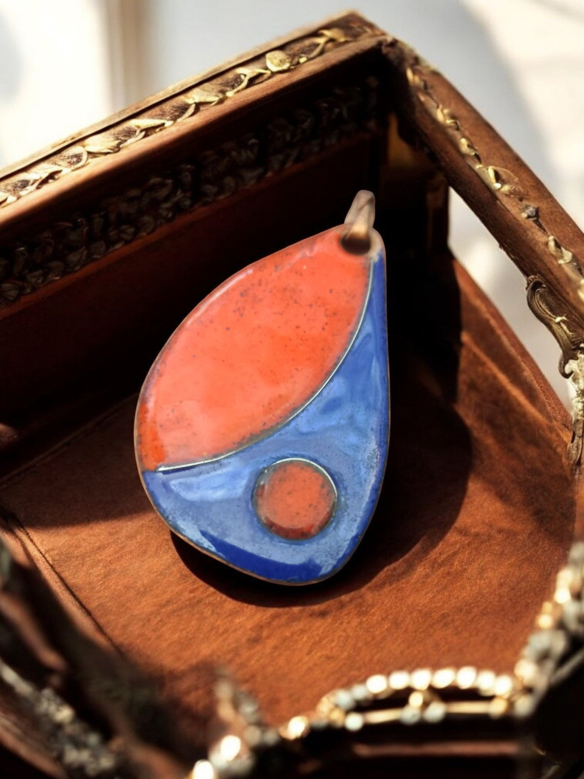 Vintage ceramic pendant, blue orange abstract design, unique 70s piece