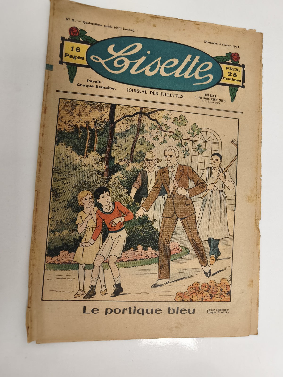 Journal ancien Lisette 1934 illustré, couverture couleur, Le portique bleu