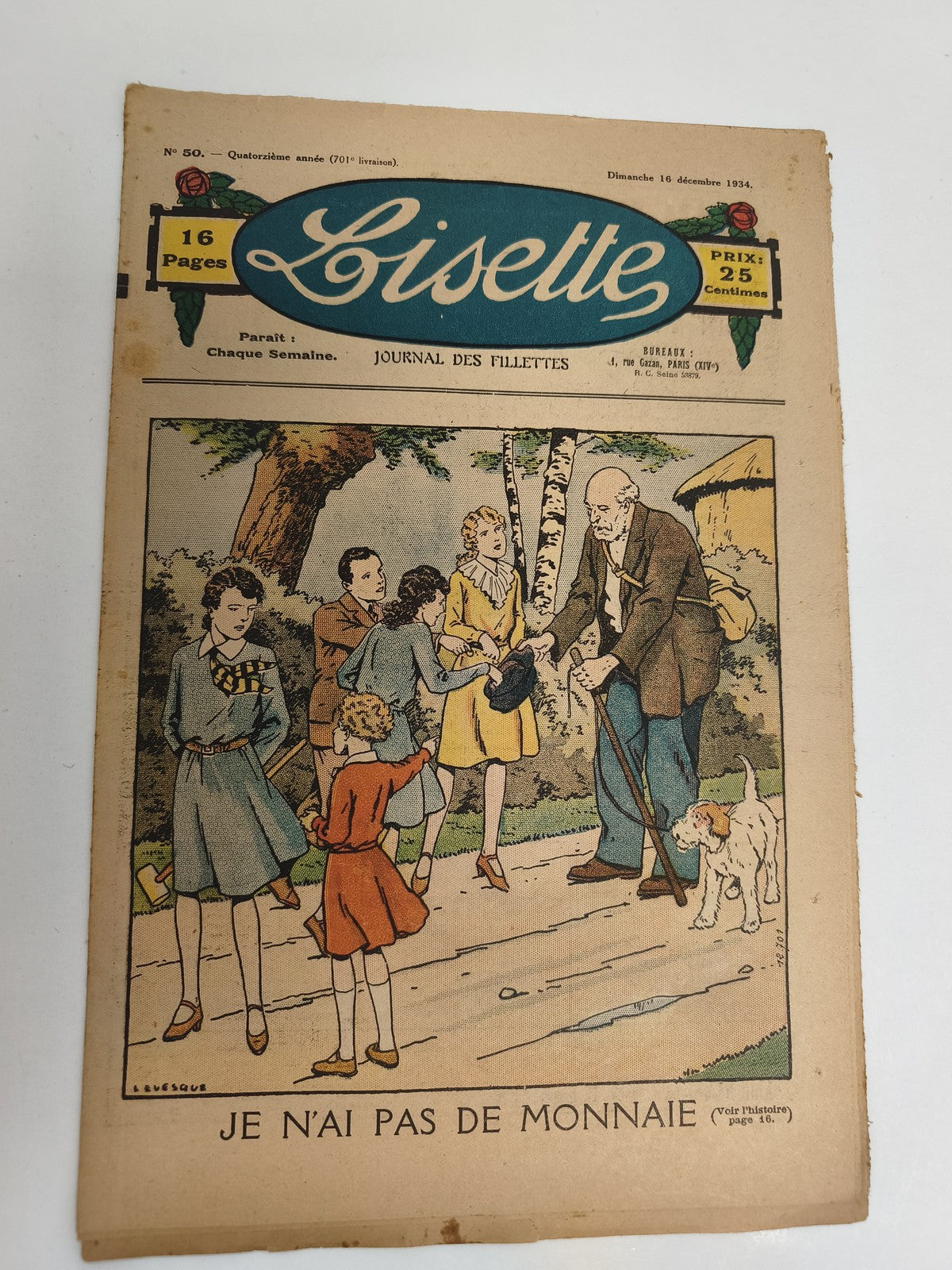 Ancien journal Lisette 1934, 16 pages, illustré, vintage, Je n’ai pas de monnaie