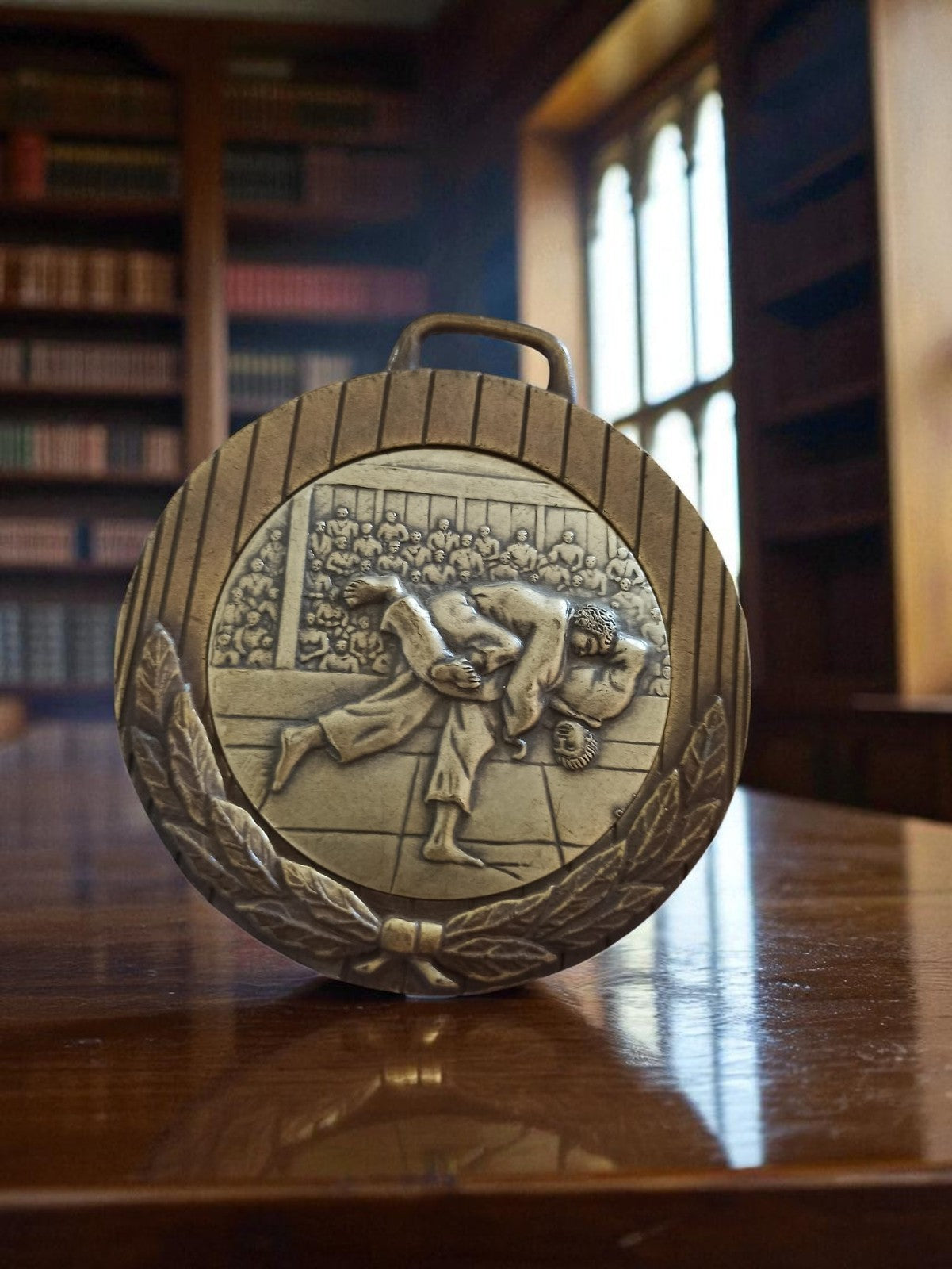 Vintage bronze Judo medal sports relief laurel decoration