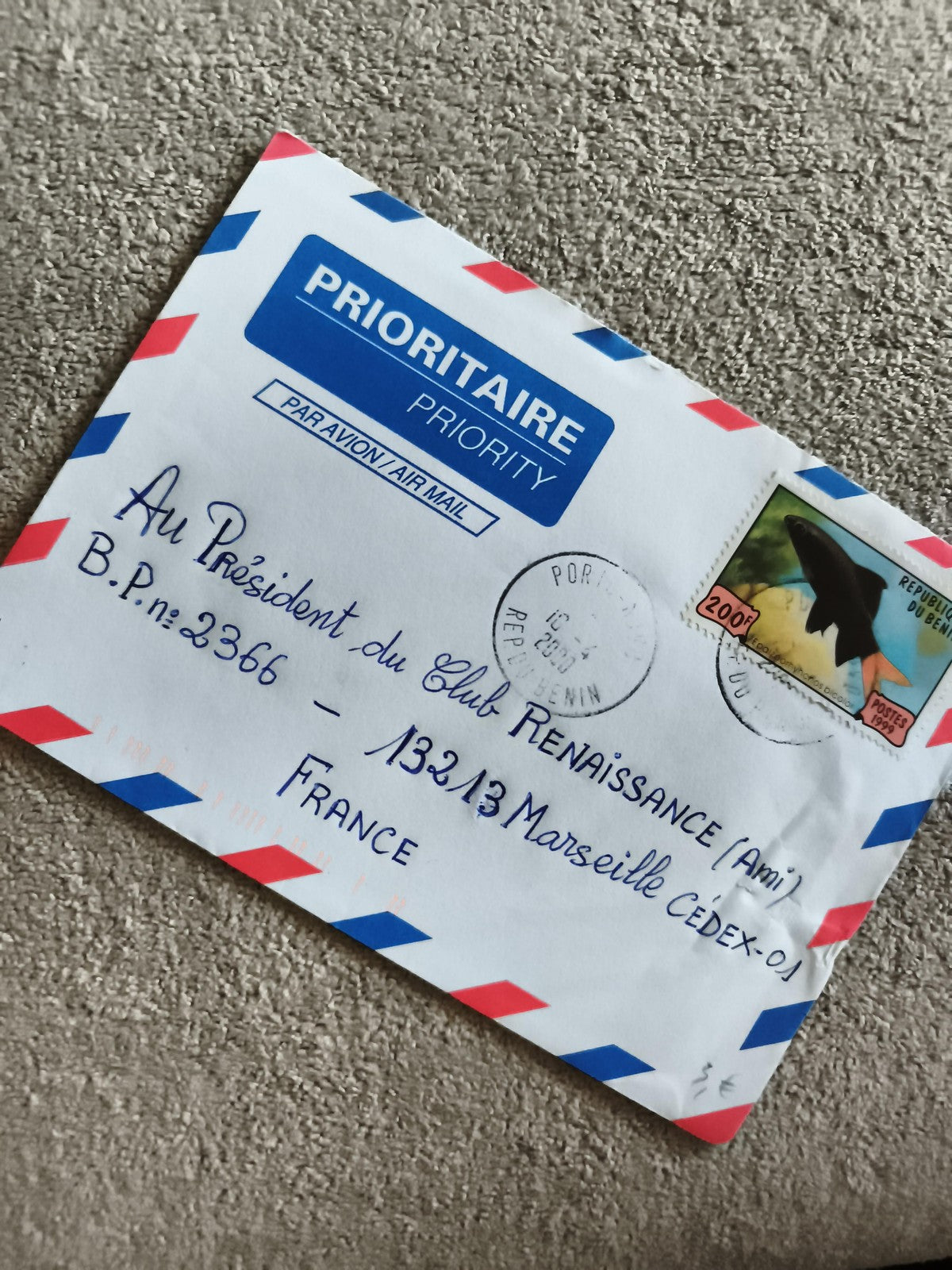 Lettre affranchie Benin 200f requin enveloppe prioritaire Par Avion Marseille ph