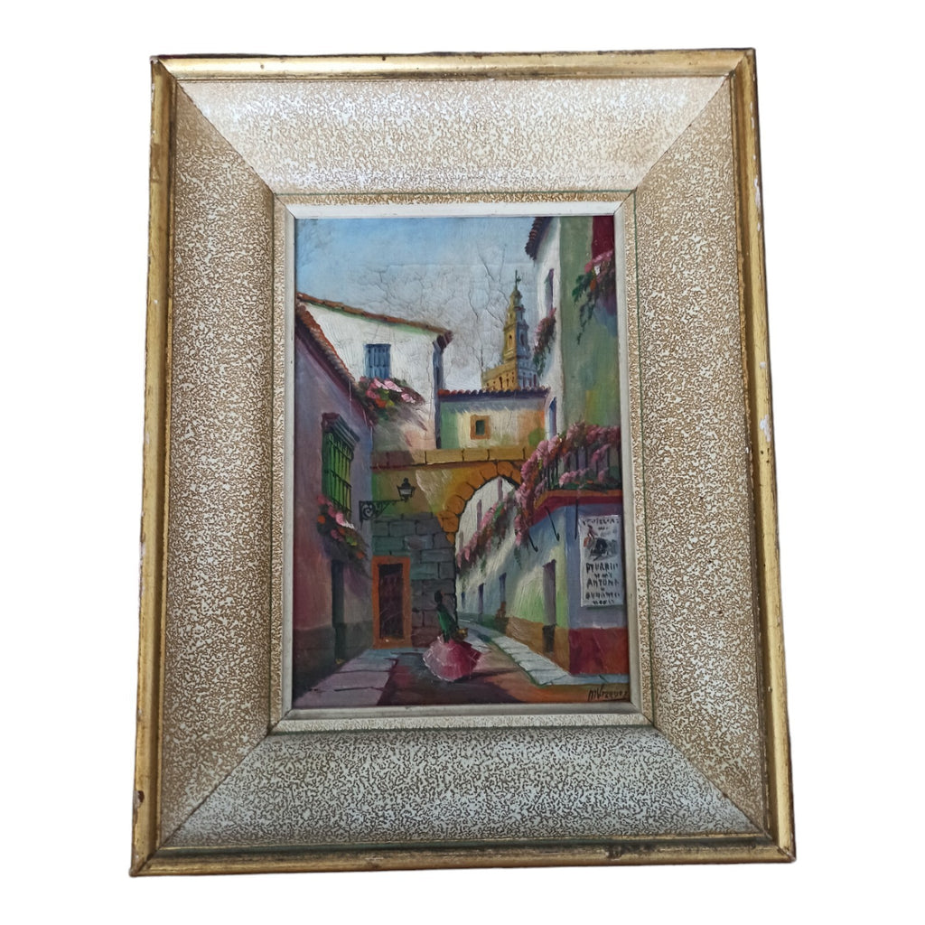 Tableau peinture scène de rue andalouse cadre doré 35x27cm Espagne mural