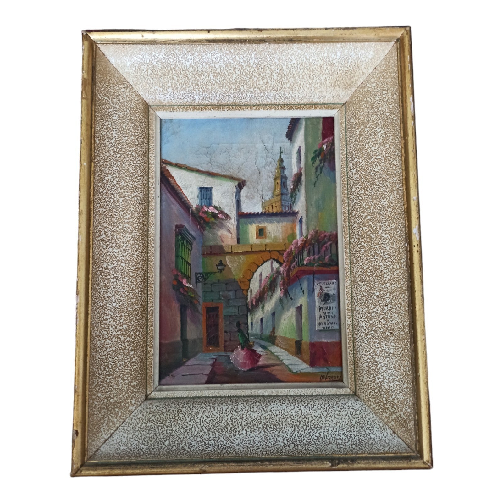 Tableau peinture scène de rue andalouse cadre doré 35x27cm Espagne mural
