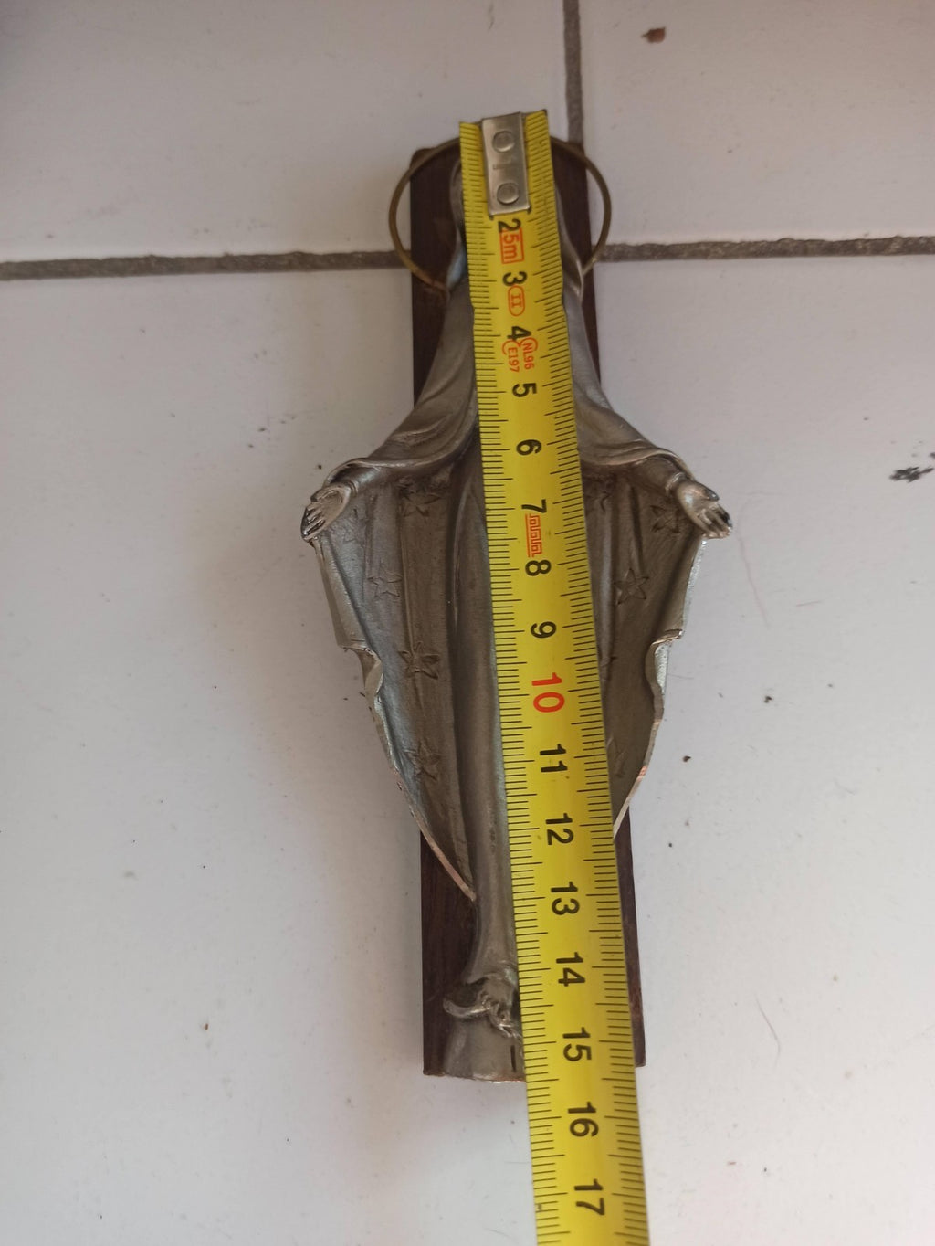 Sculpture Vierge Marie 1830 métal bois ancien objet religieux vintage rétro
