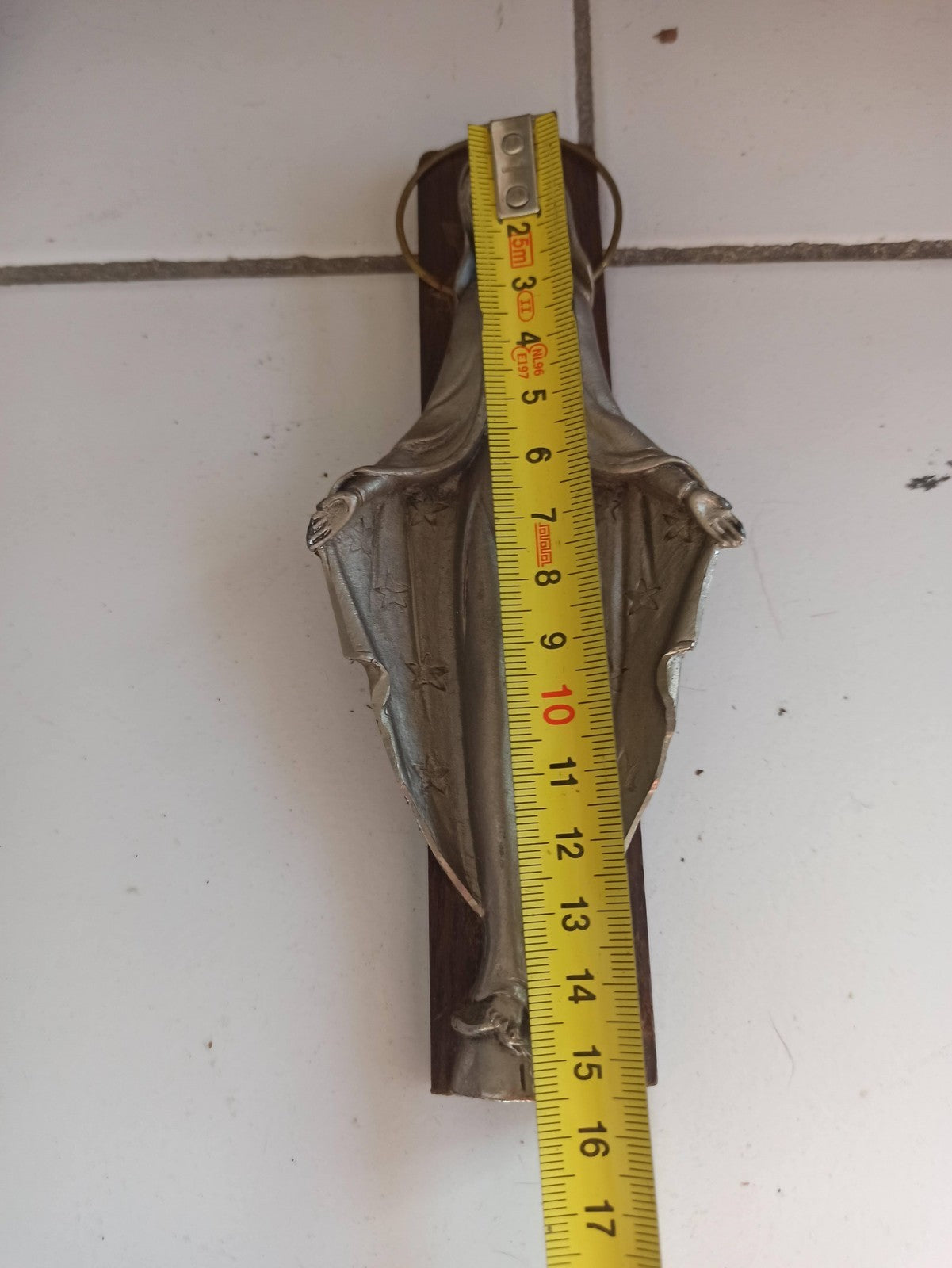 Sculpture Vierge Marie 1830 métal bois ancien objet religieux vintage rétro