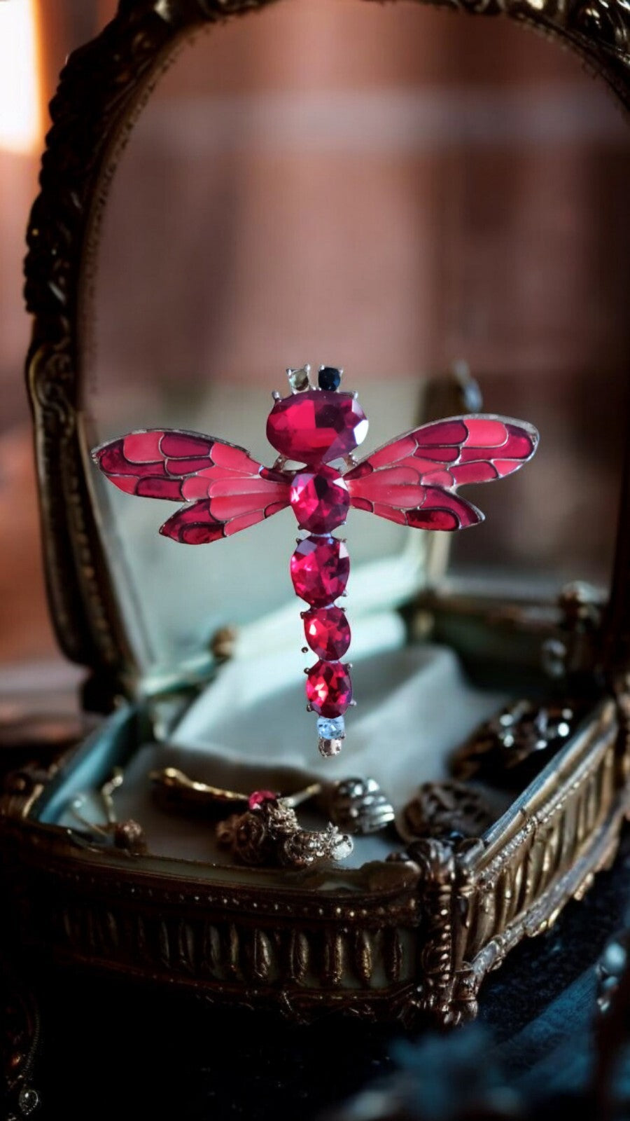 Broche libellule vintage pierres rouges, bijou fantaisie rétro