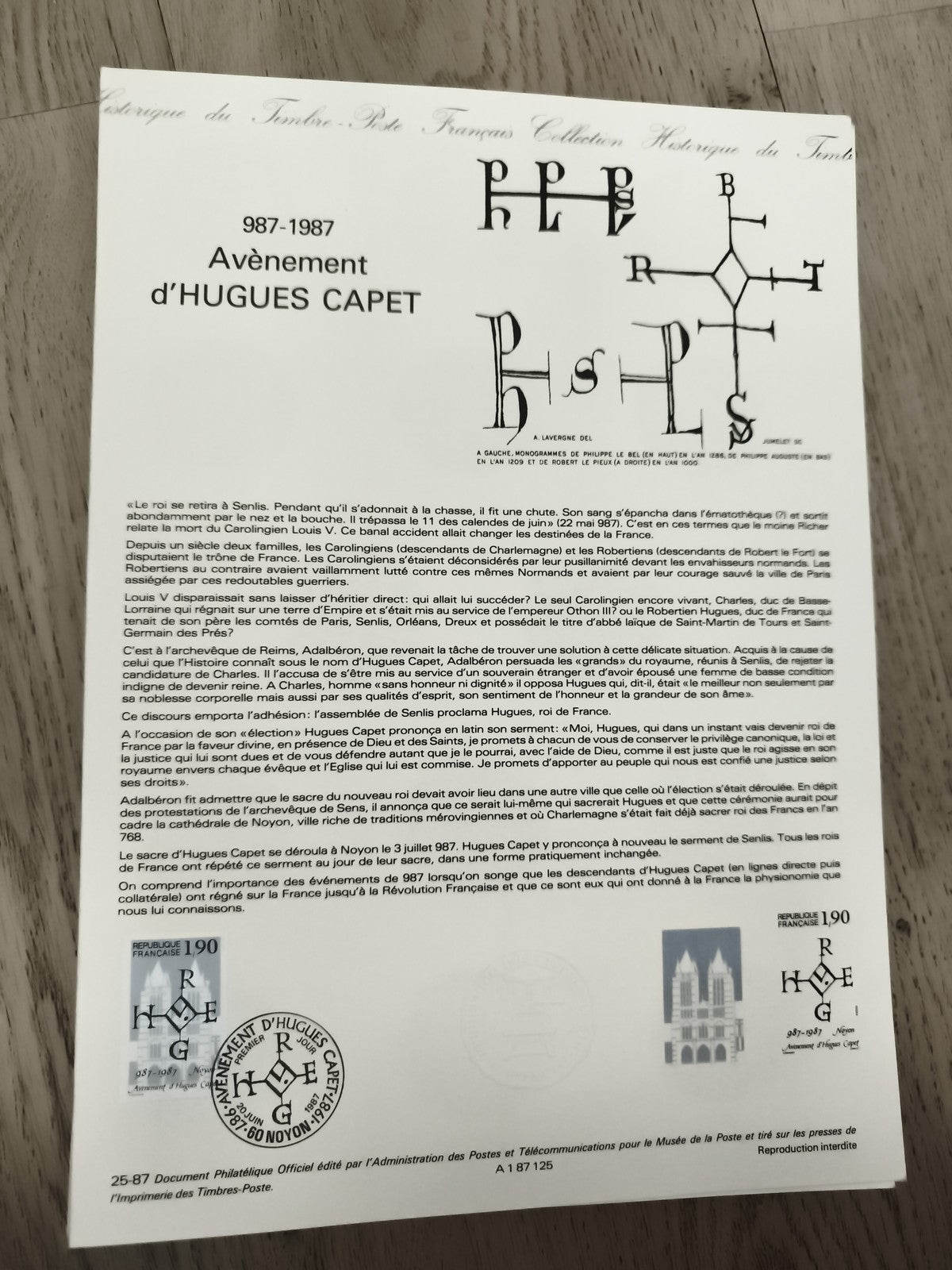 Document philatélique Avènement Hugues Capet 987-1987 France, timbre 1,90F