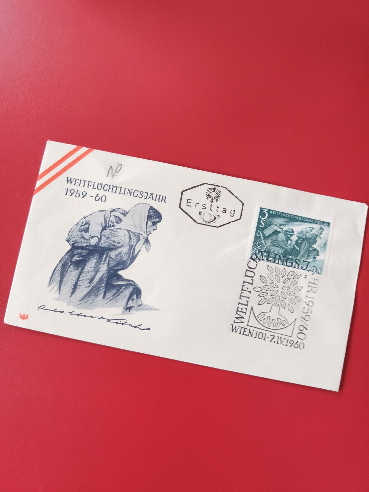 Enveloppe philatélie Ersttag autrichienne timbre 3S réfugiés 1959-60 illustrée
