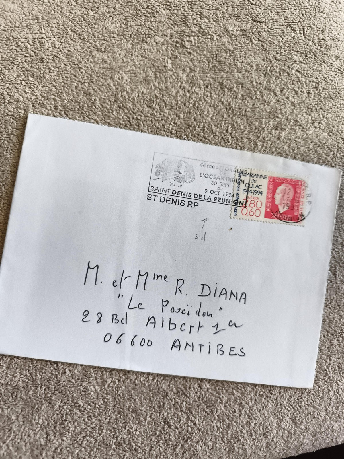 Lettre affranchie La Réunion 1994 Marianne rouge, oblitération Saint Denis, phil