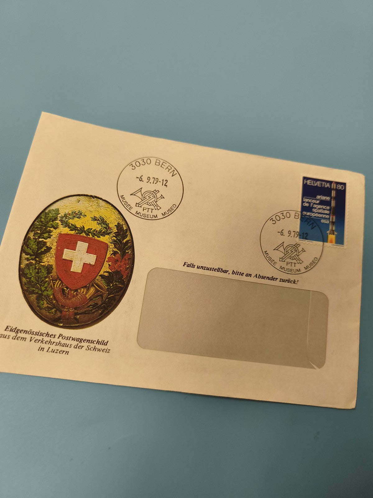 Enveloppe premier jour Suisse FDC timbre Ariane 1979 blason et cachets Bern