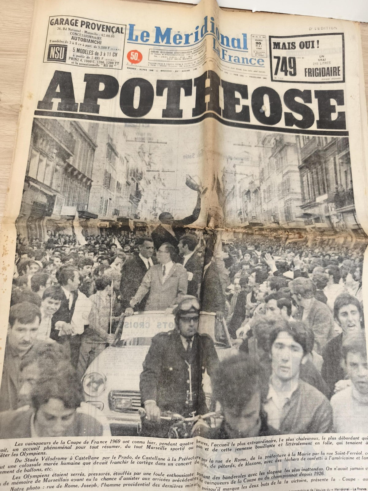 Ancien journal Le Méridional OM 1969 Coupe de France, apothéose supporters