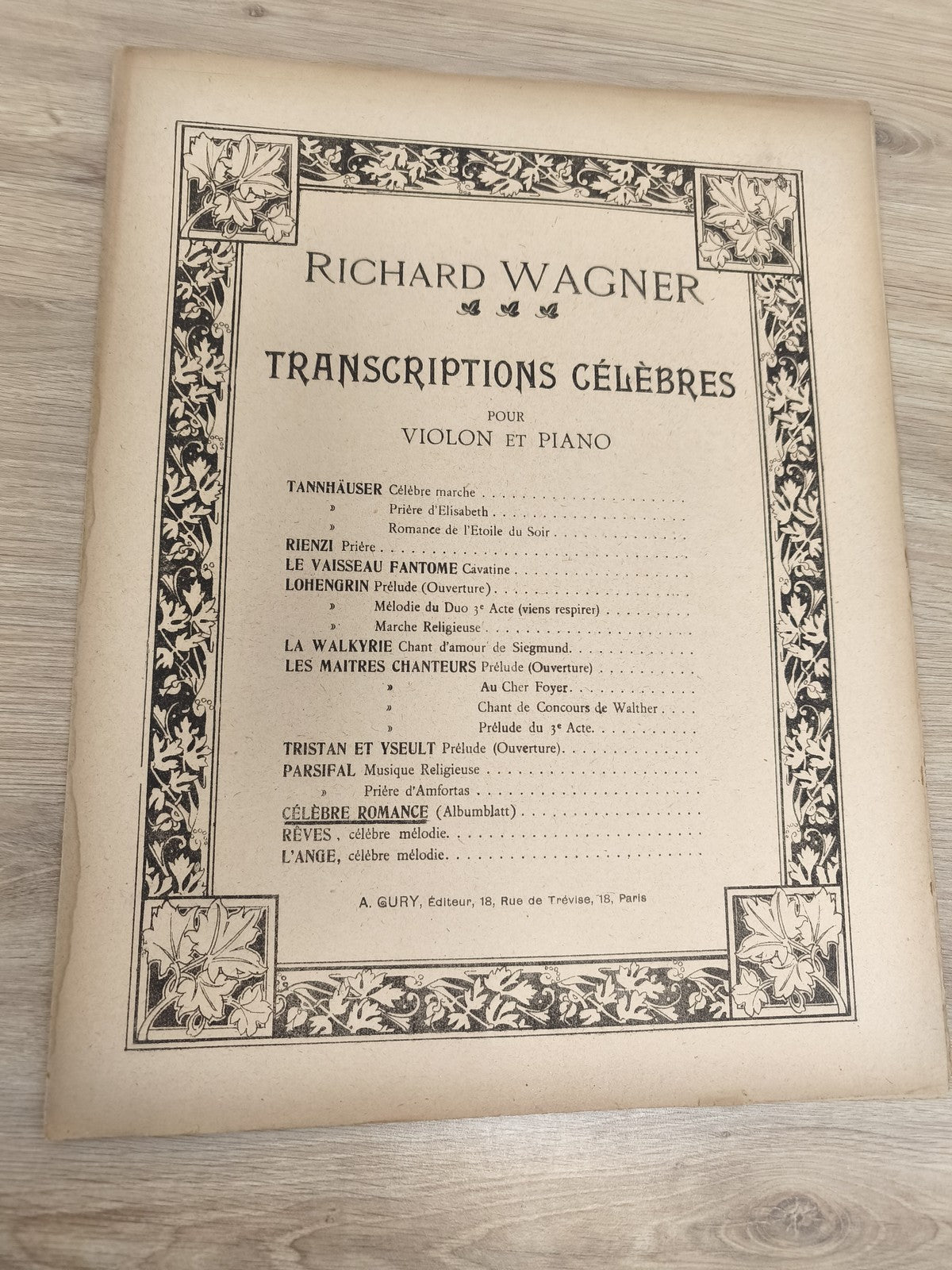 Ancien livre partitions Wagner violon piano Transcriptions célèbres vintage