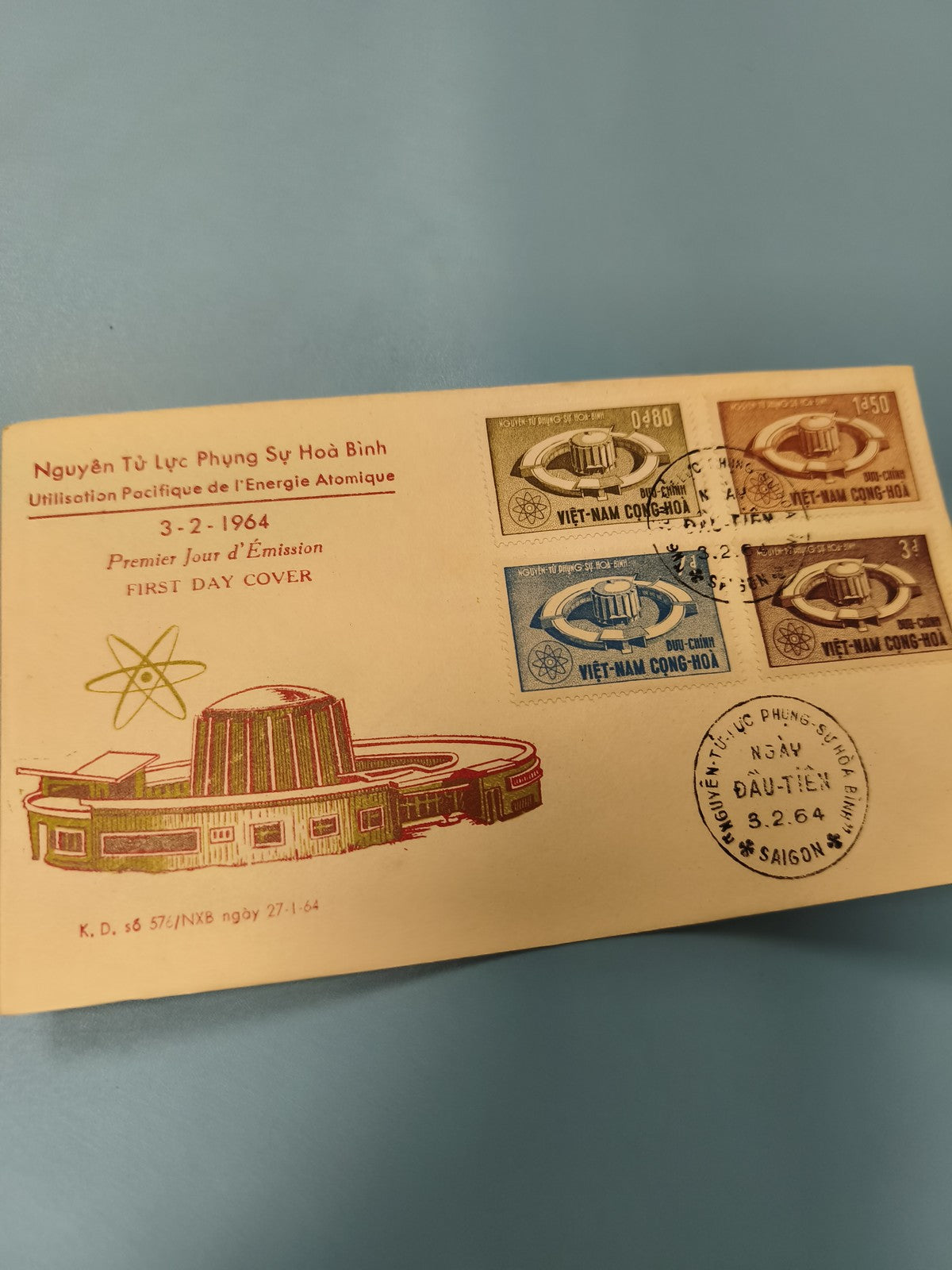 Ancienne enveloppe FDC Vietnam 1964, timbres énergie atomique, oblitérée Saigon