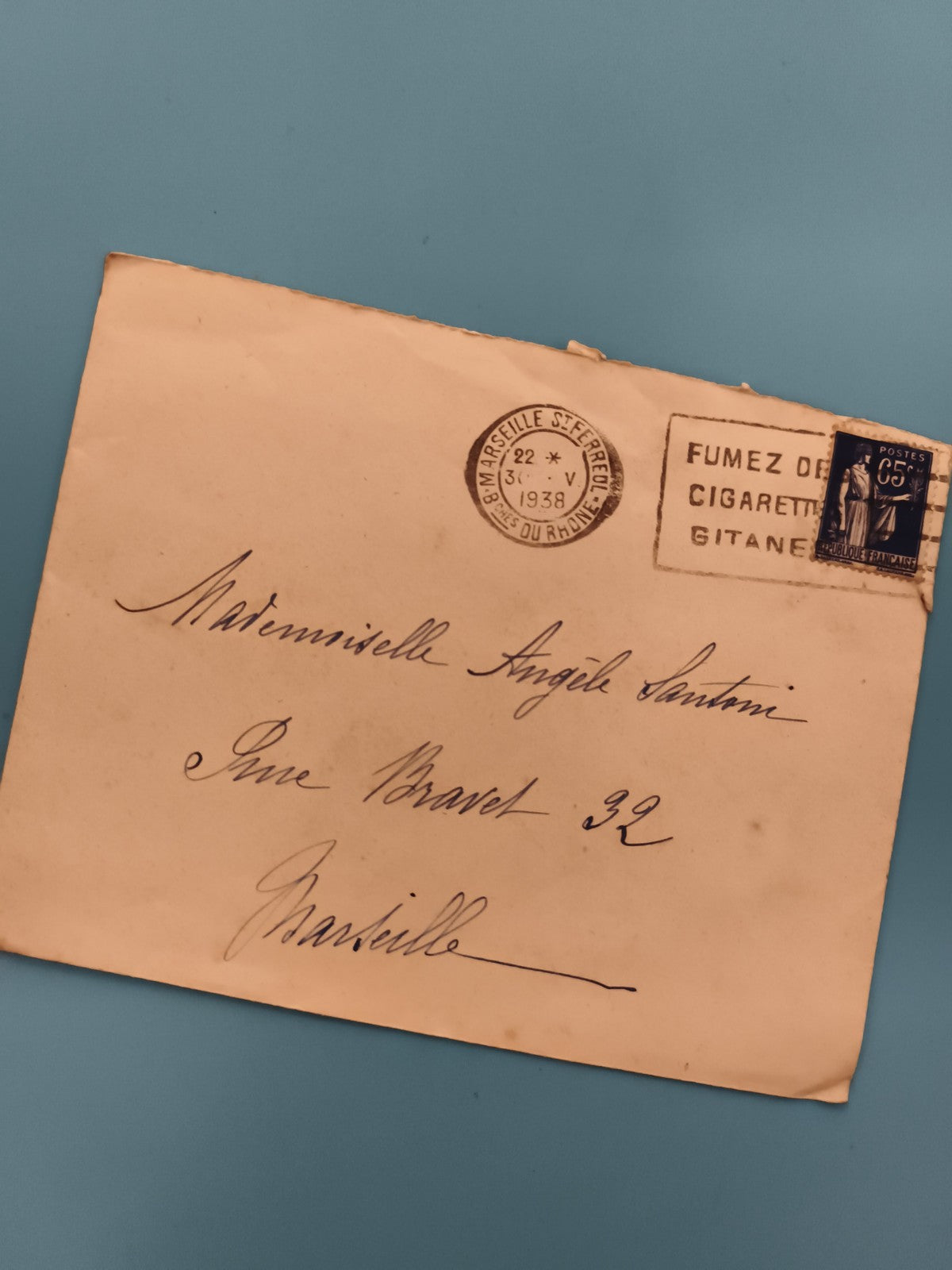 Lettre ancienne Marseille 1938 timbre 65c oblitéré enveloppe philatélie (Ref 3)