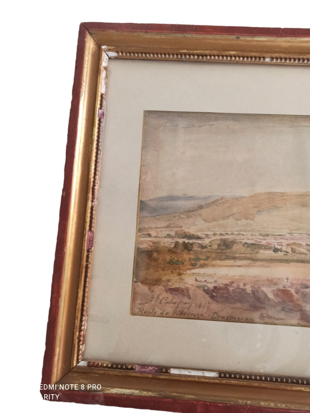 Tableau ancien paysage Villecroze Draguignan aquarelle signée cadre doré