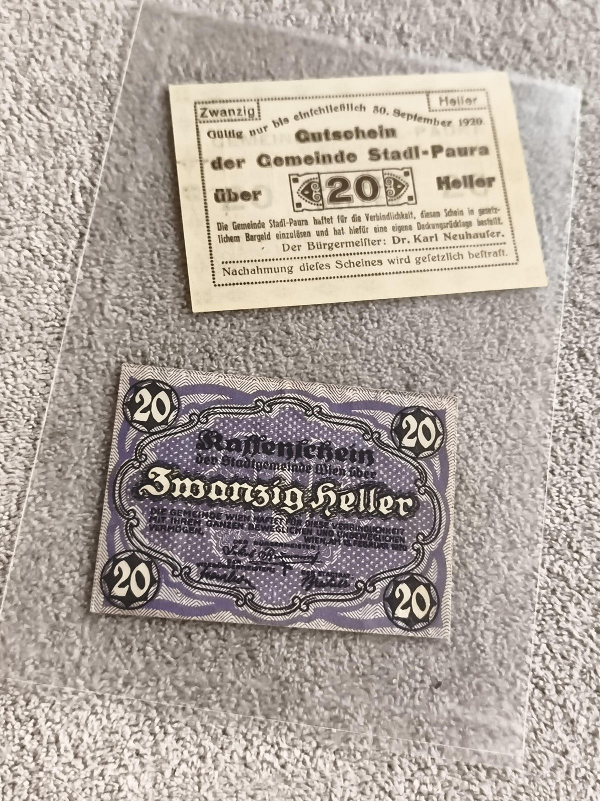 Billet ancien 20 Heller Stadl-Paura 1920 Autriche notgeld violet coupon