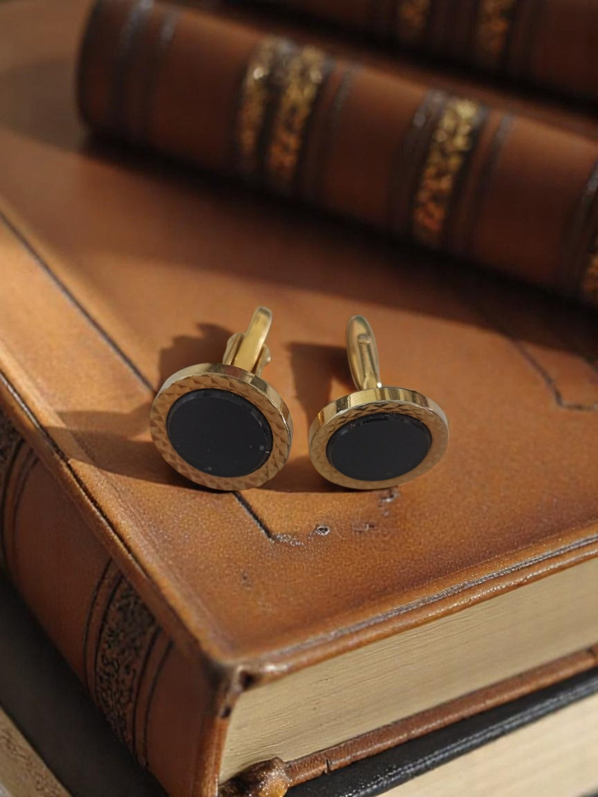 Boutons de manchette vintage plaqués or noir rond élégant accessoire homme