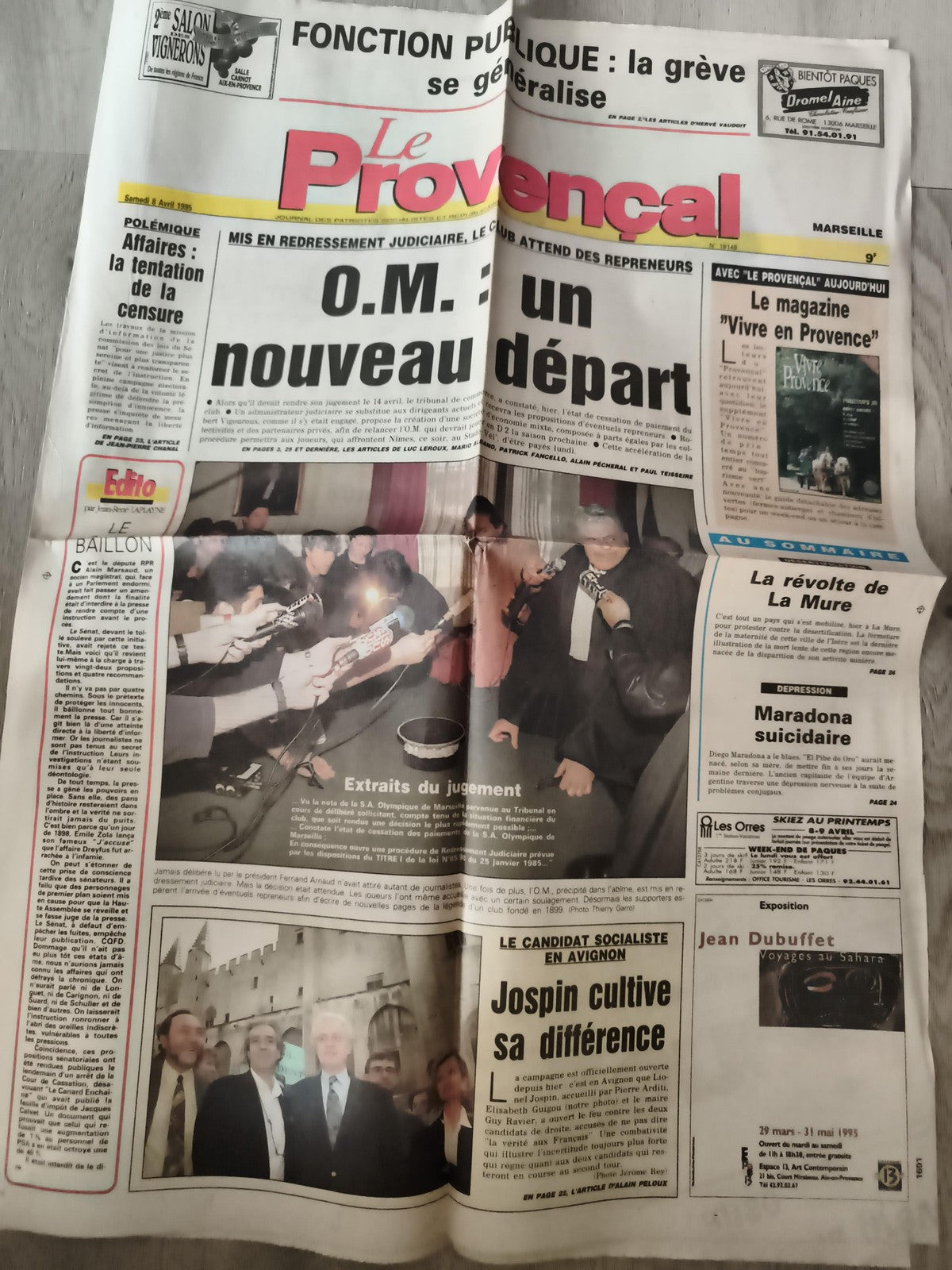 Ancien journal Le Provençal 1995 O.M. Marseille vintage une du 8 avril presse