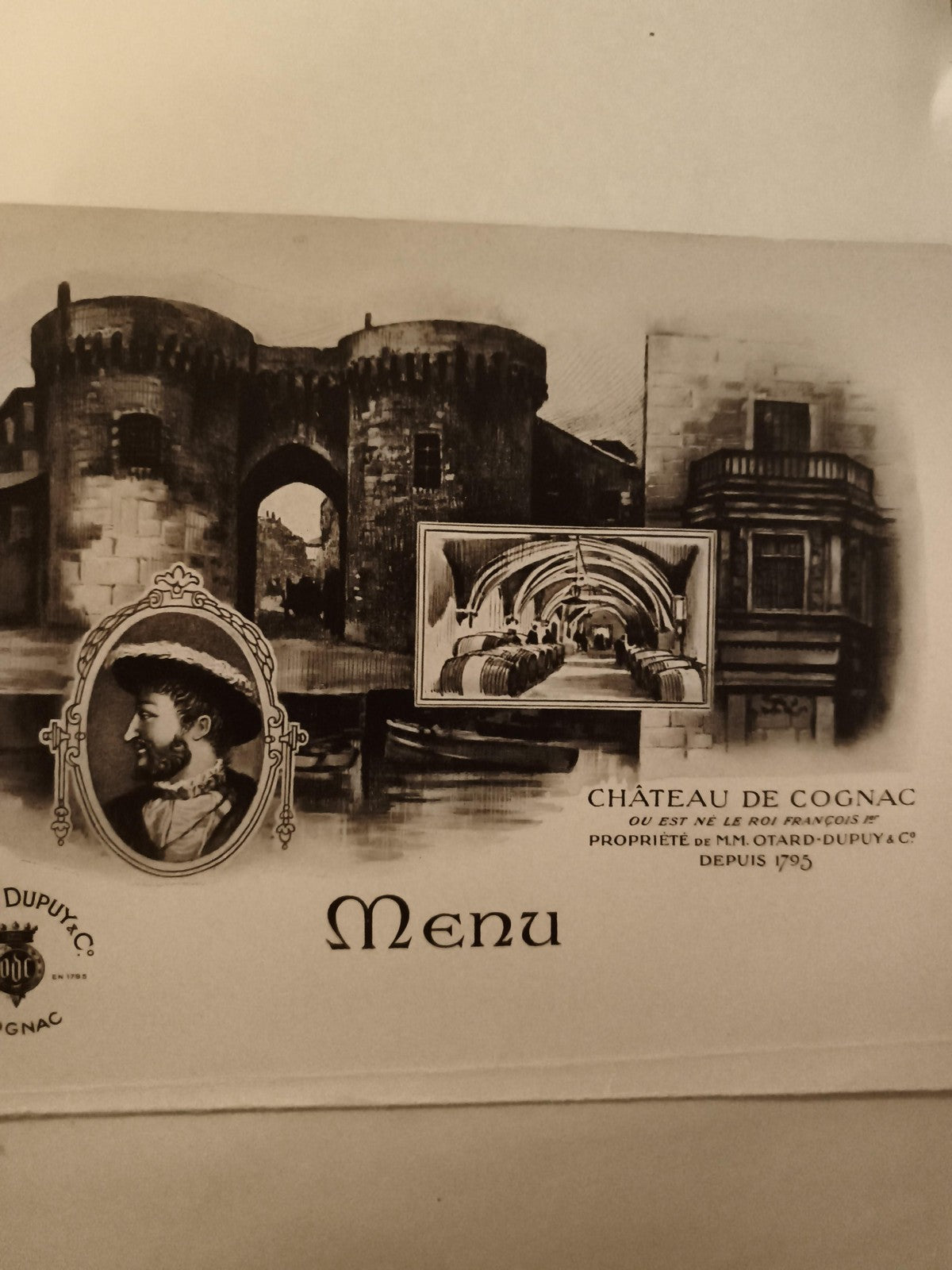 Menu ancien Château de Cognac Otard Dupuy, illustration François Ier, vintage