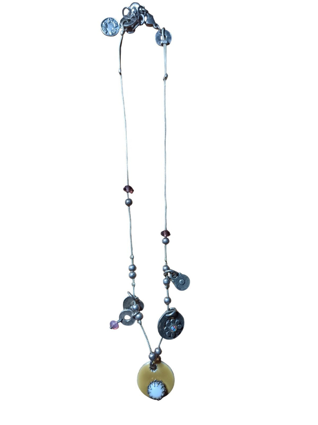 Collier pendentifs argenté vintage créateur, perles et médaillons, pièce unique