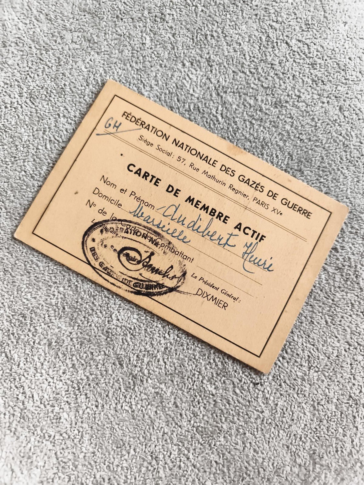 Carte de membre actif Fédération Nationale des Gazés de Guerre ancien document