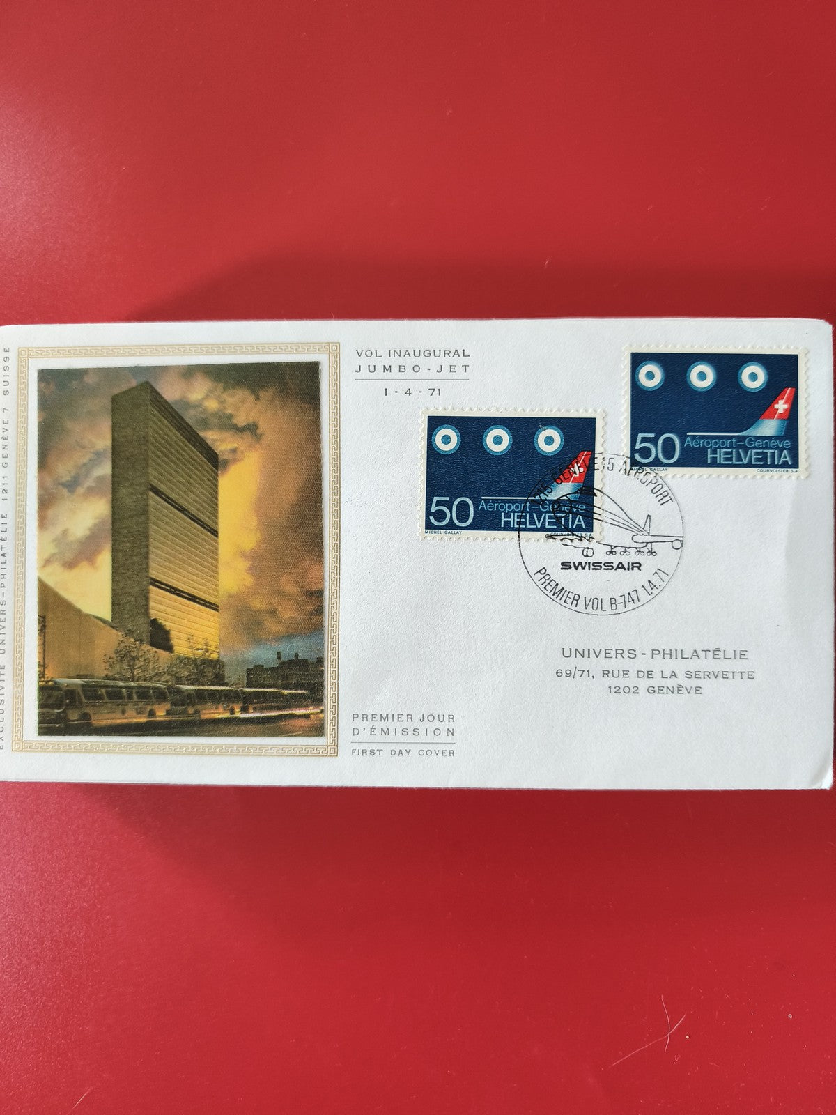 Enveloppe philatélie premier jour Suisse Genève Jumbo Jet 1971 timbres 50 Helvet