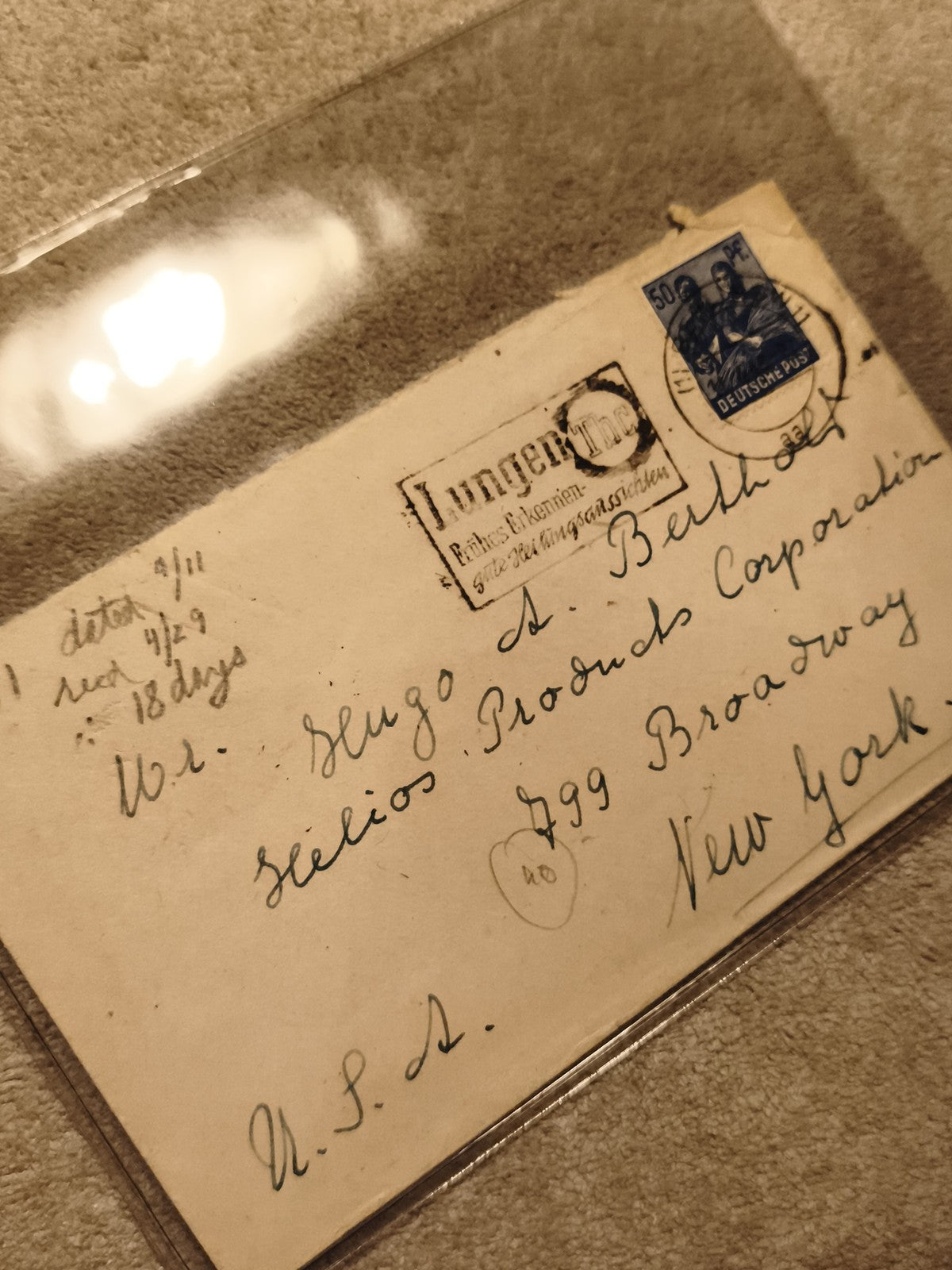 Lettre ancienne Allemagne affranchie timbre Deutsche Post 50 Pf, New York, Phila