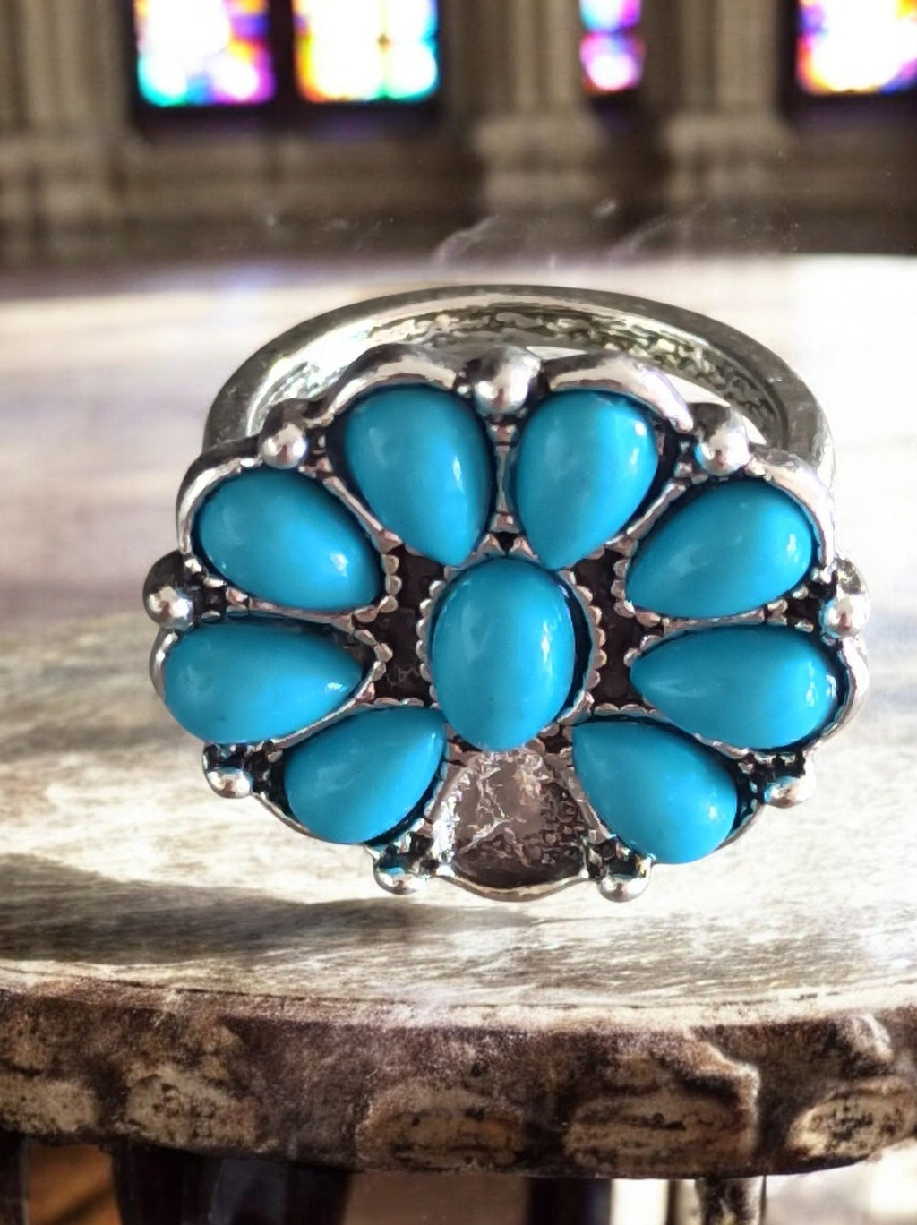 Bague fantaisie vintage créateur, cabochons bleu turquoise, taille 49