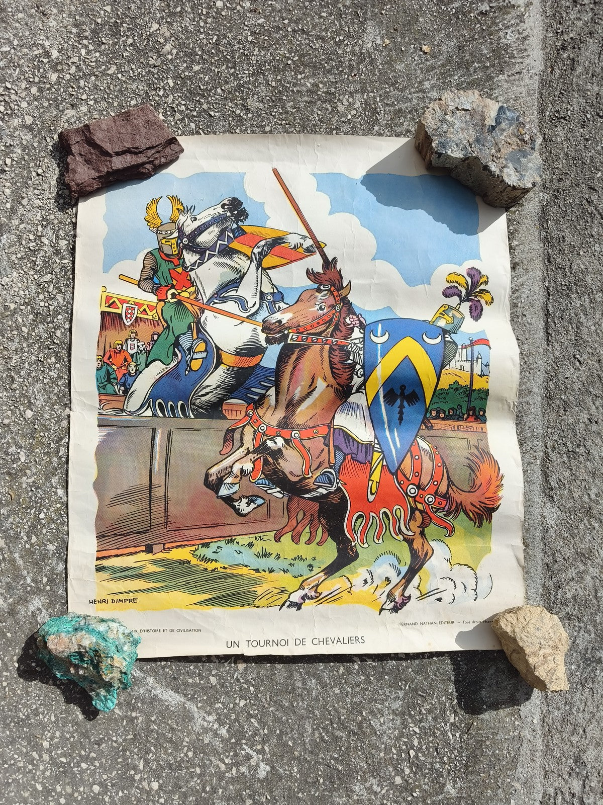 Ancienne affiche école Fernand Nathan chevaliers joute médiévale couleur