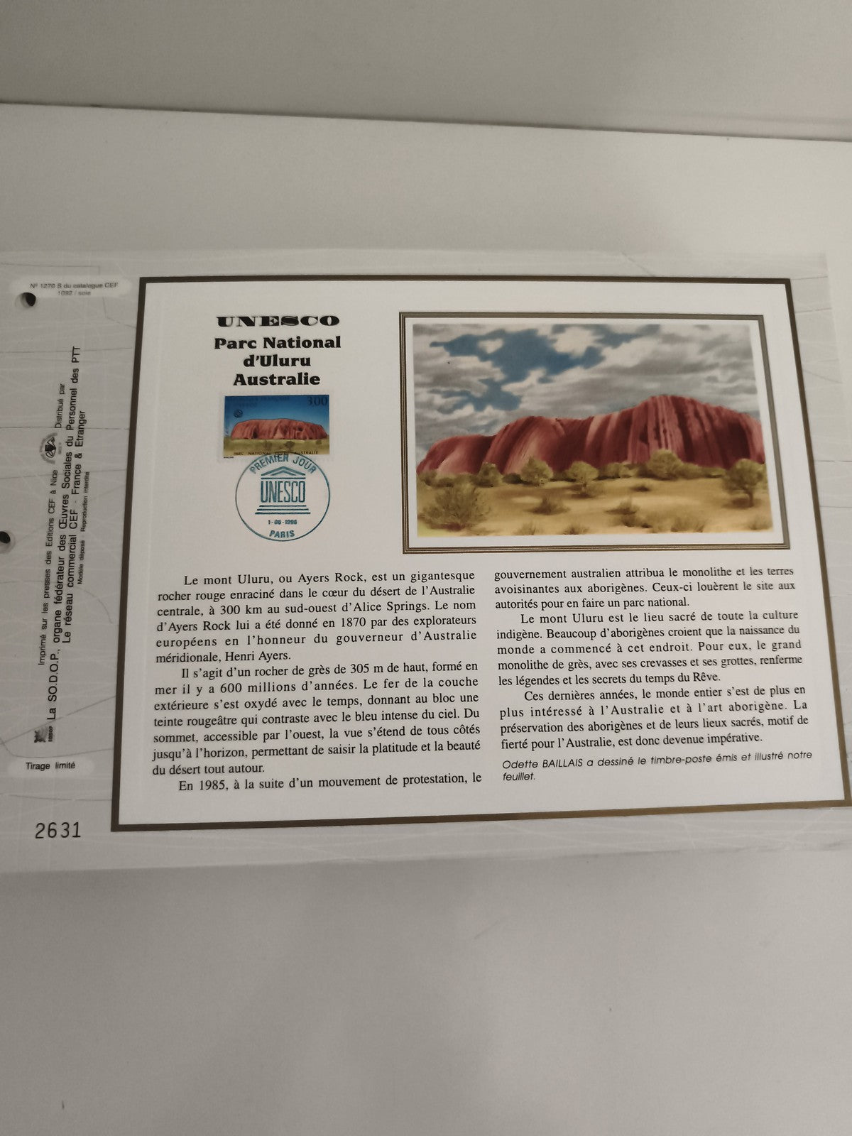 Feuillet CEF UNESCO Uluru Australie timbre Premier Jour 1986 philatélie