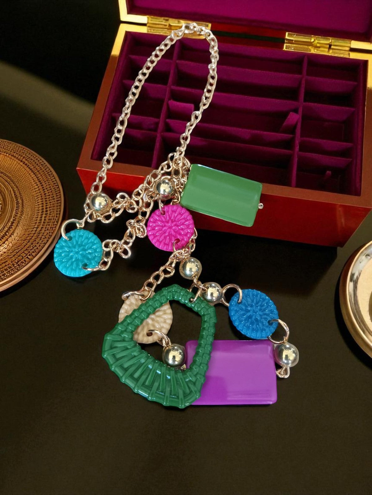 Vintage multicolored costume necklace, geometric pendants, silver-plated chain