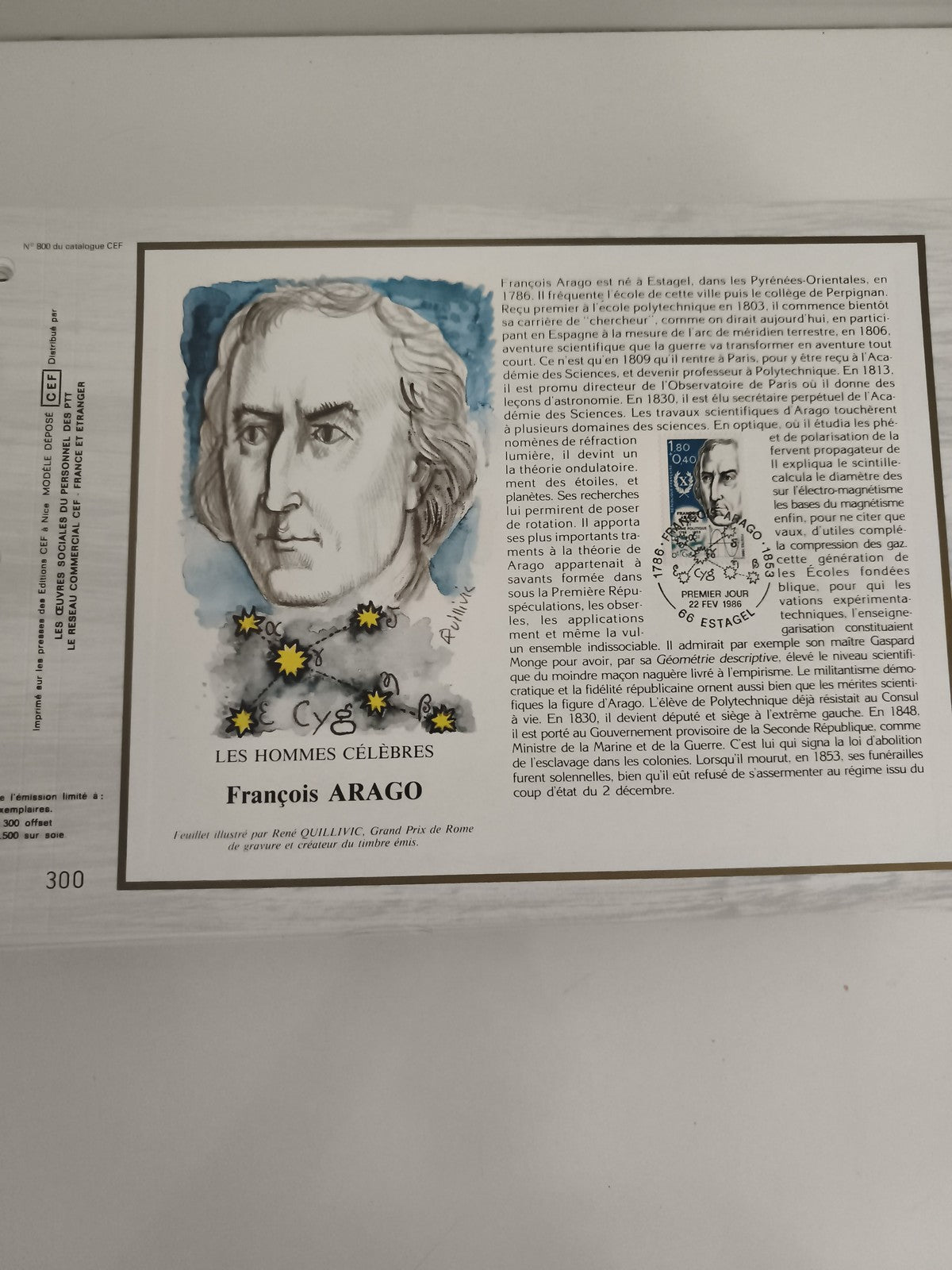 Feuillet CEF François Arago timbre 1986 philatélie Les Hommes Célèbres