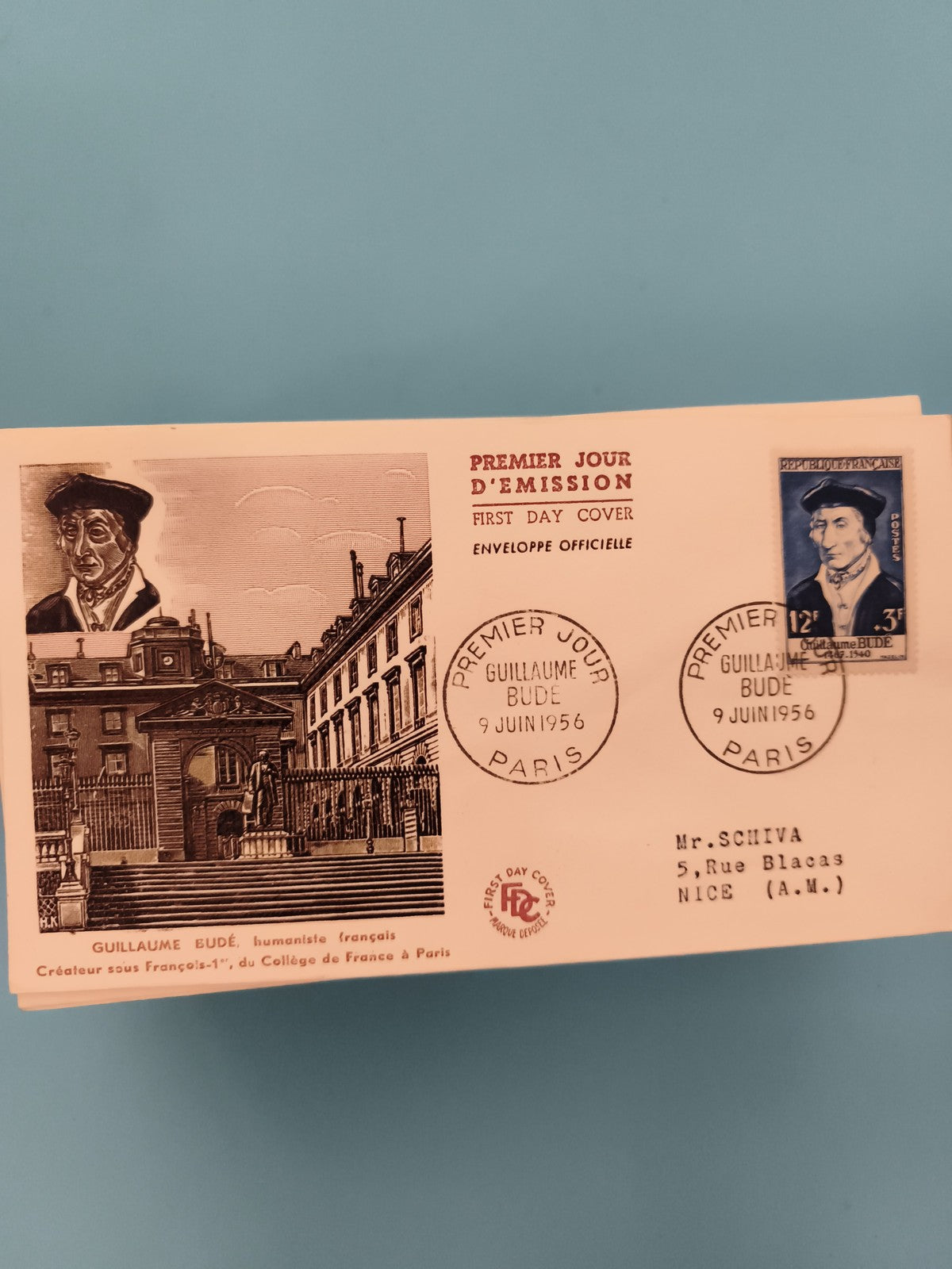 Enveloppe Premier Jour Guillaume Budé 1956 Paris Collège de France FDC philatéli