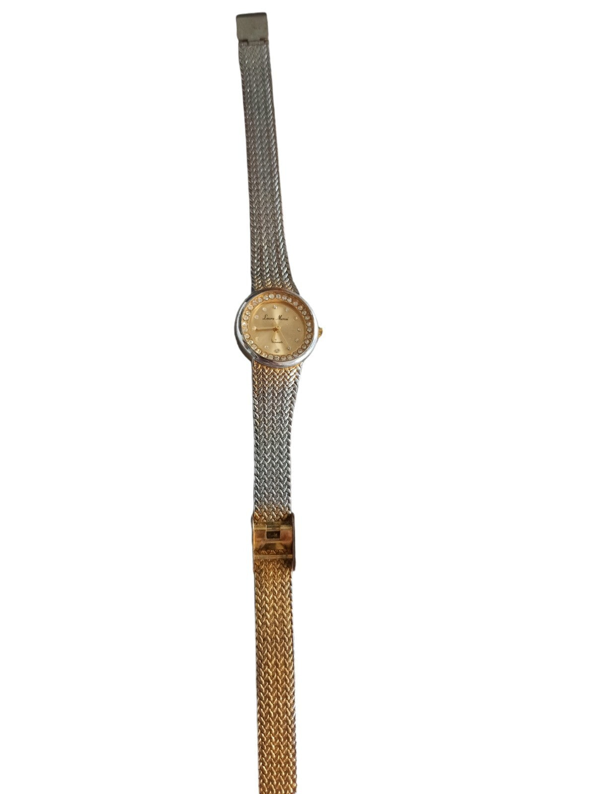Montre vintage Laura Mérosi femme, cadran doré strass, bracelet maille métal
