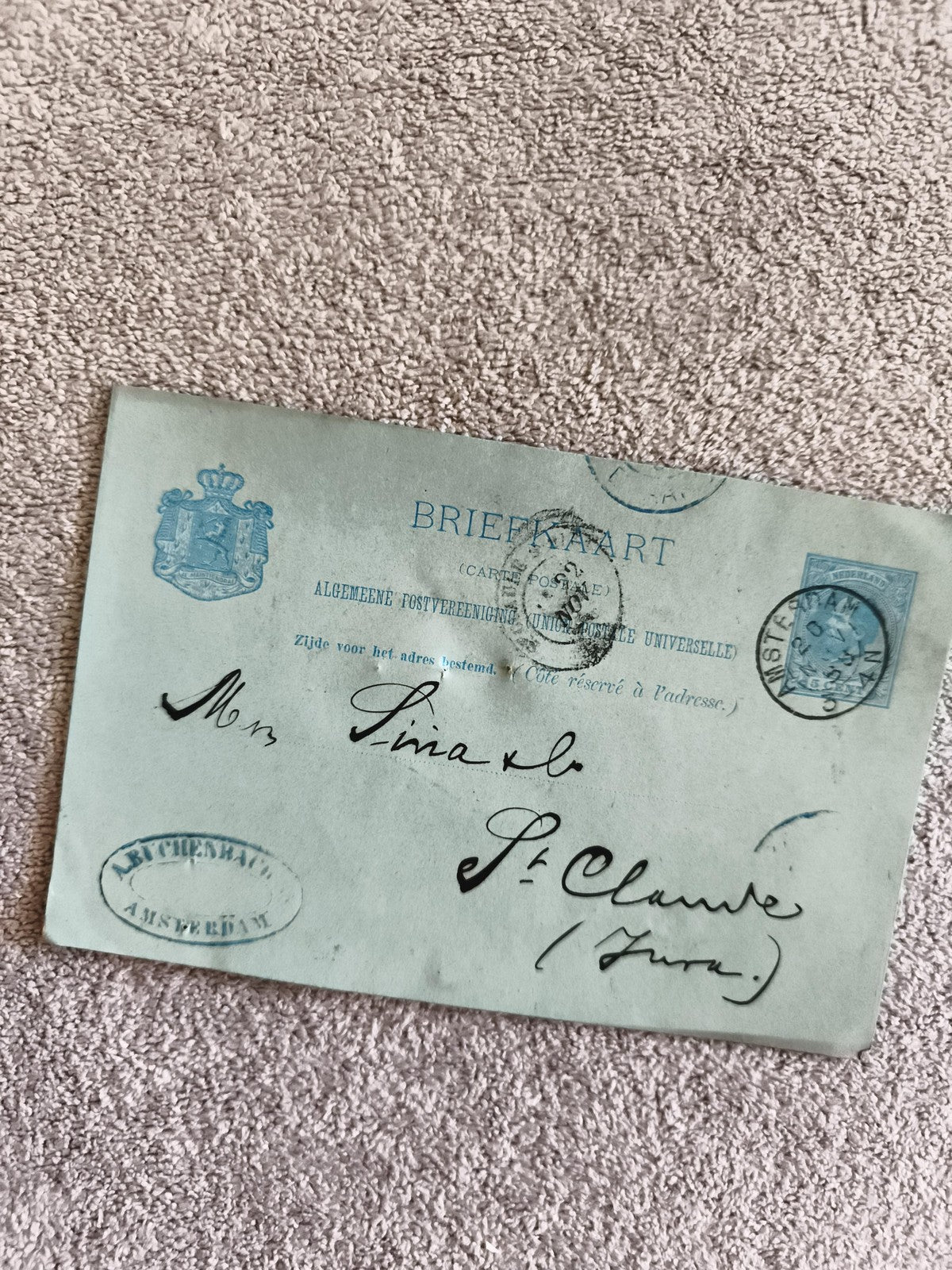 CPA Briefkaart Pays-Bas blason Amsterdam timbre oblitéré XIXe bleu