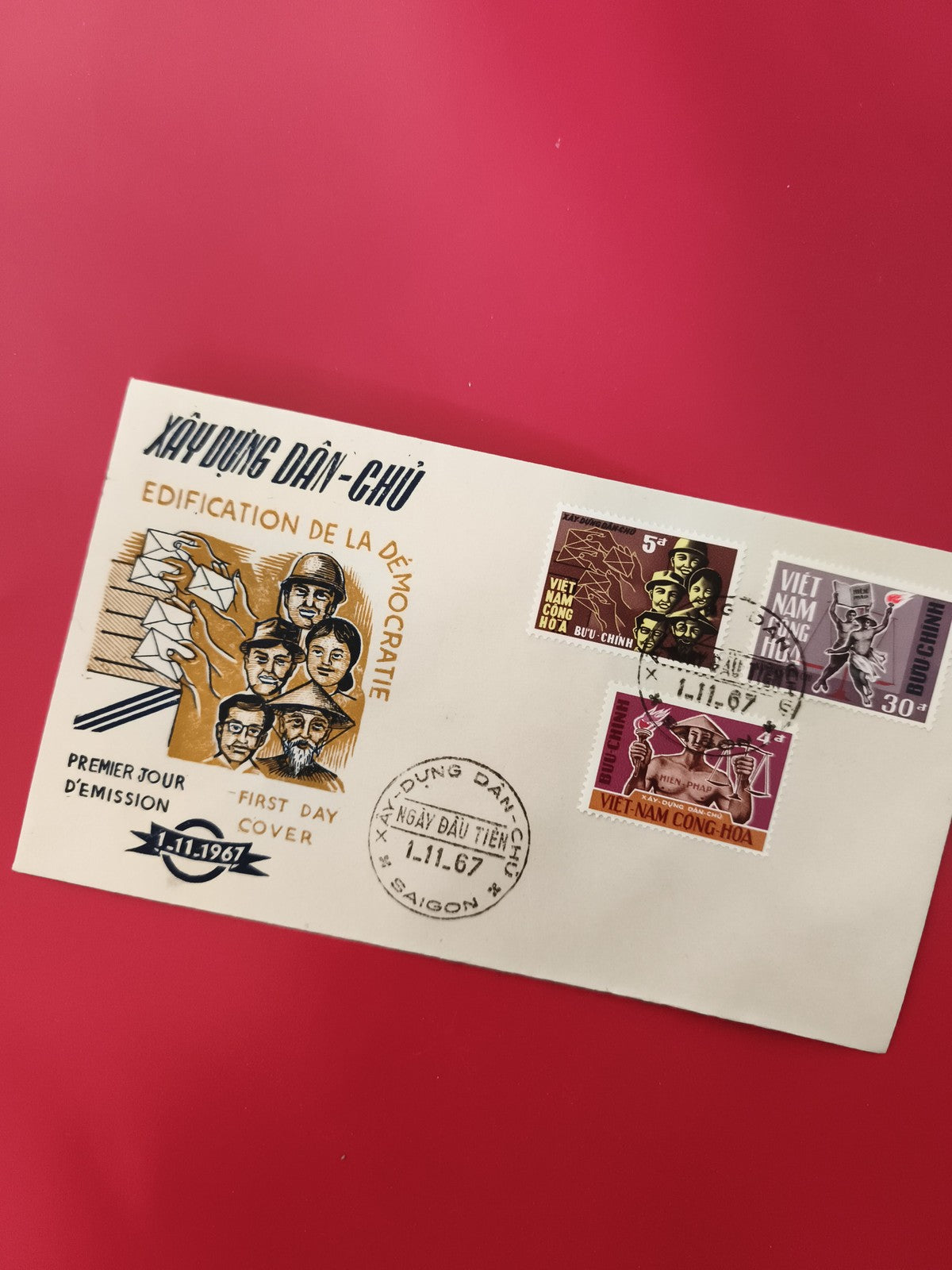 Lettre FDC Vietnam 1967 Édification Démocratie timbres oblitérés 1.11.67