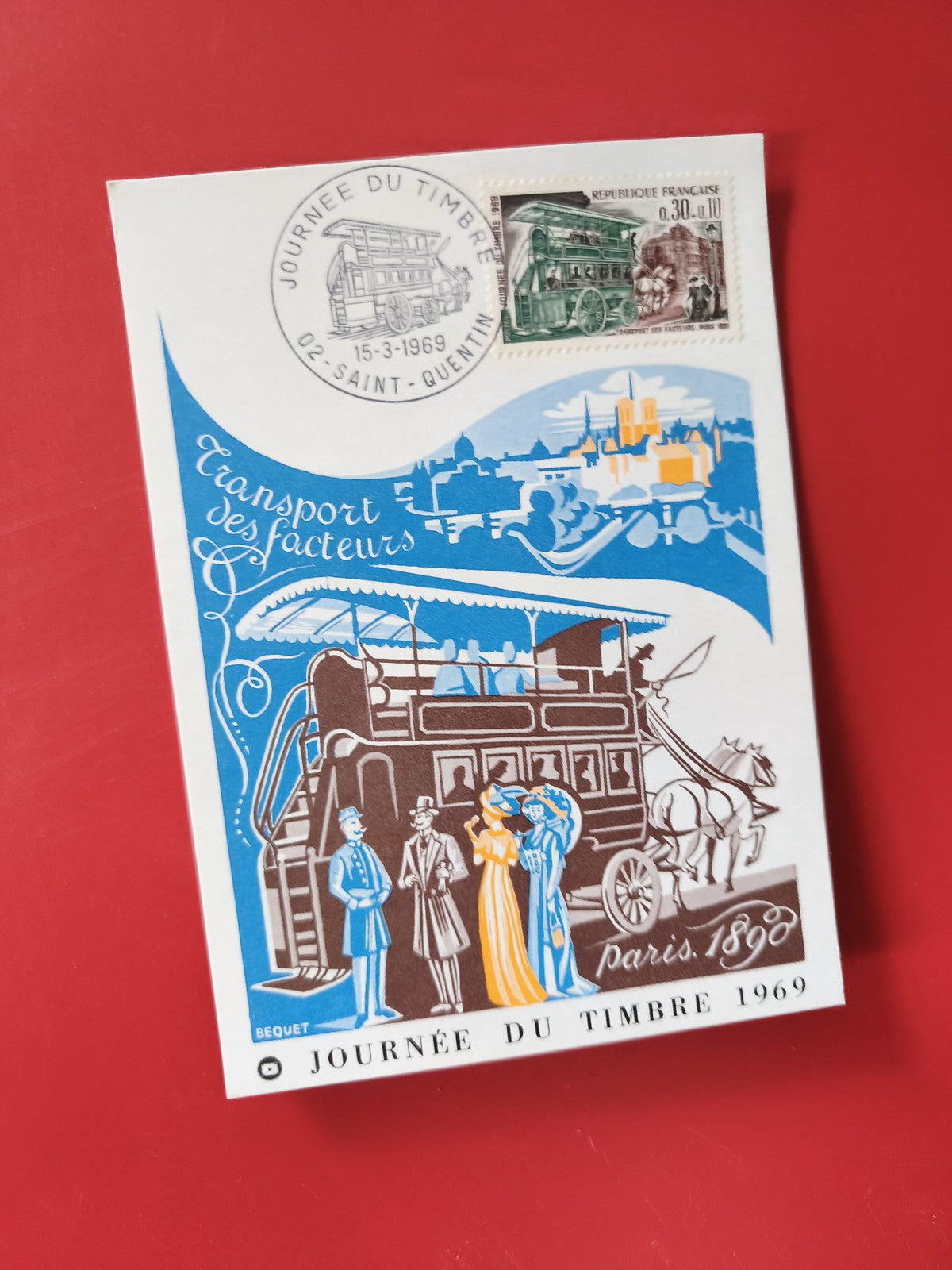 Carte postale philatélie Journée du Timbre 1969 Paris transport des facteurs