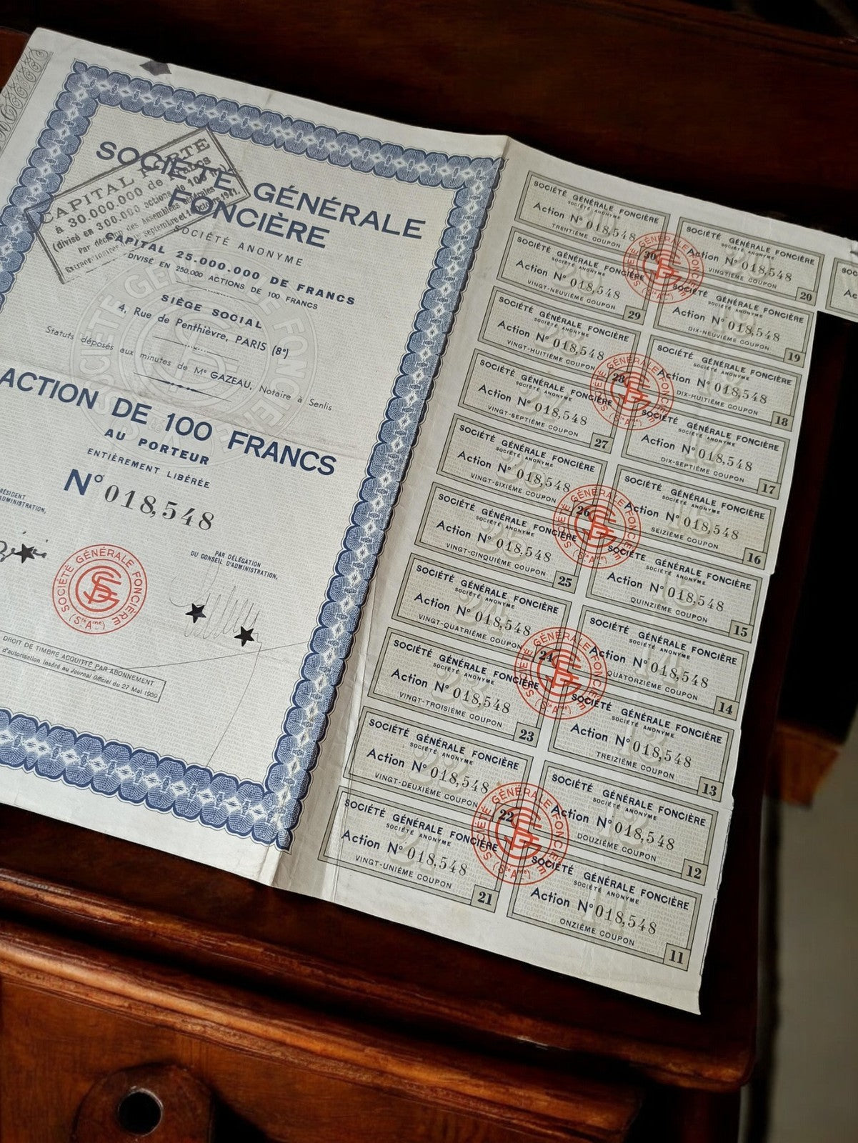 Action au porteur ancienne Société Générale Foncière années 1920 document vintag