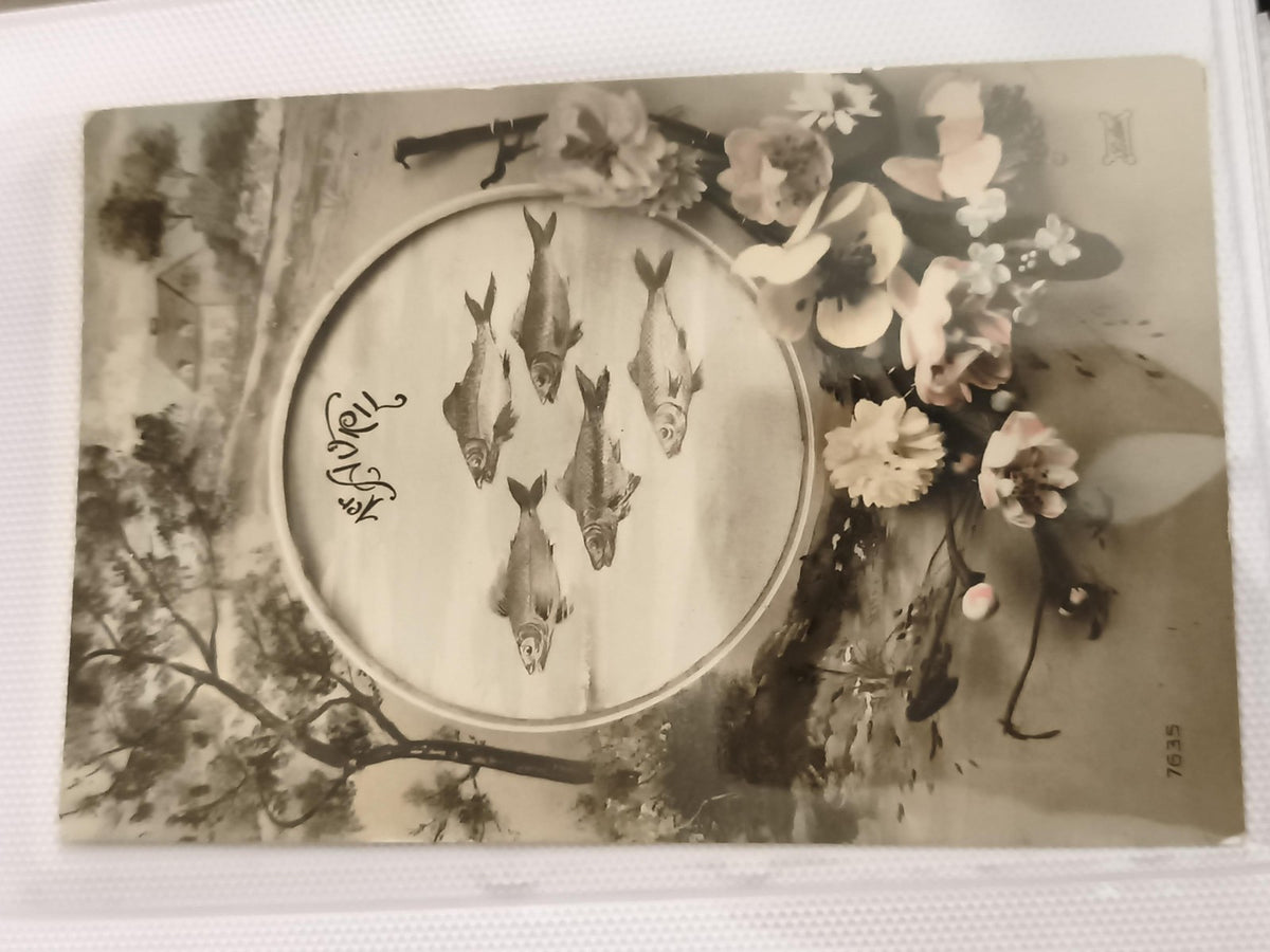 Carte postale ancienne 1er avril poissons fleurs illustrée vintage CPA