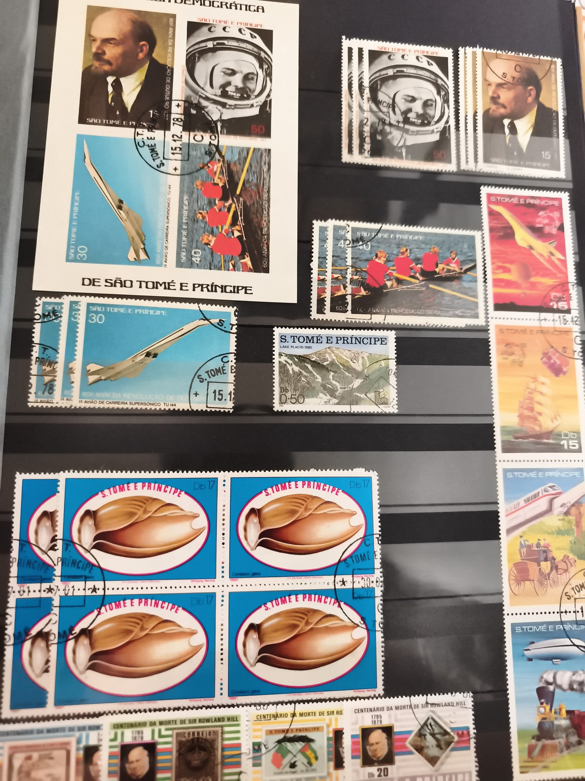 Timbres anciens São Tomé e Príncipe oblitérés thèmes aviation coquillage sport