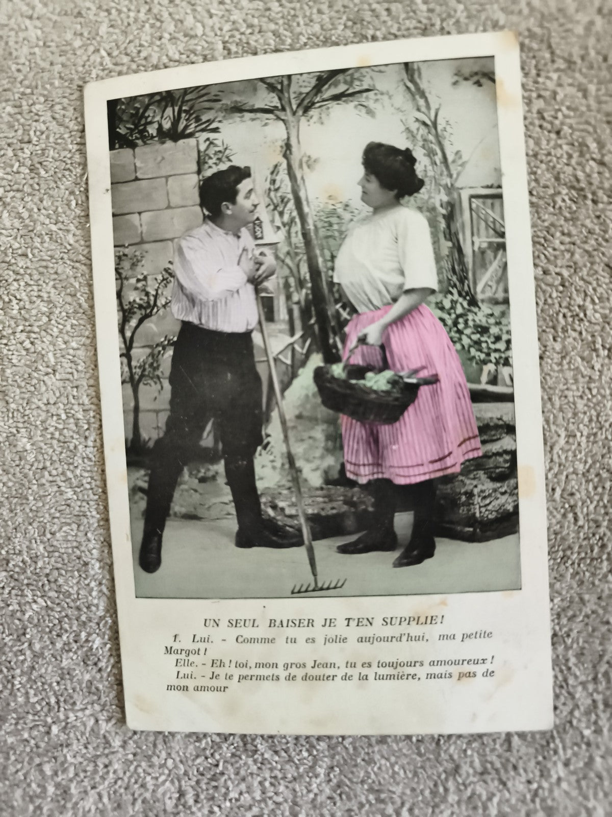 CPA illustrée scène champêtre humour début XXe, dialogue imprimé