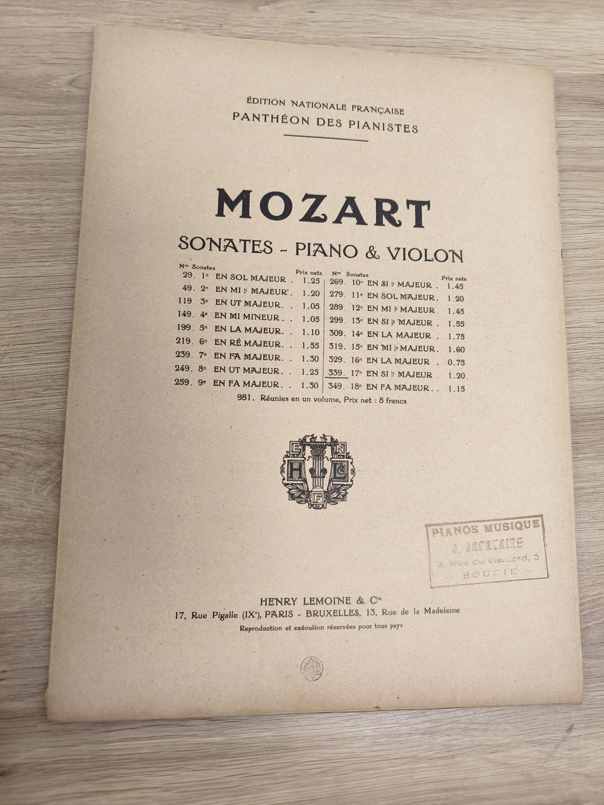 Ancien livre partitions Mozart piano violon Édition Lemoine Pantheon France