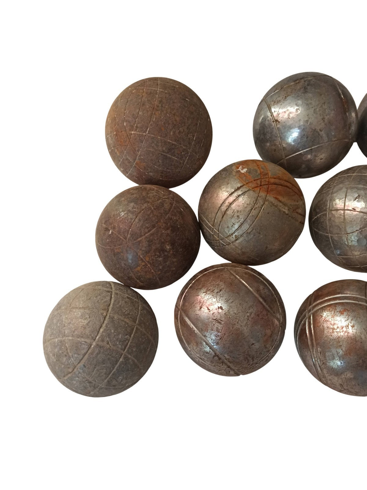 Boules de pétanque anciennes vintage lot 13 pièces, gravure, aspect métal rétro